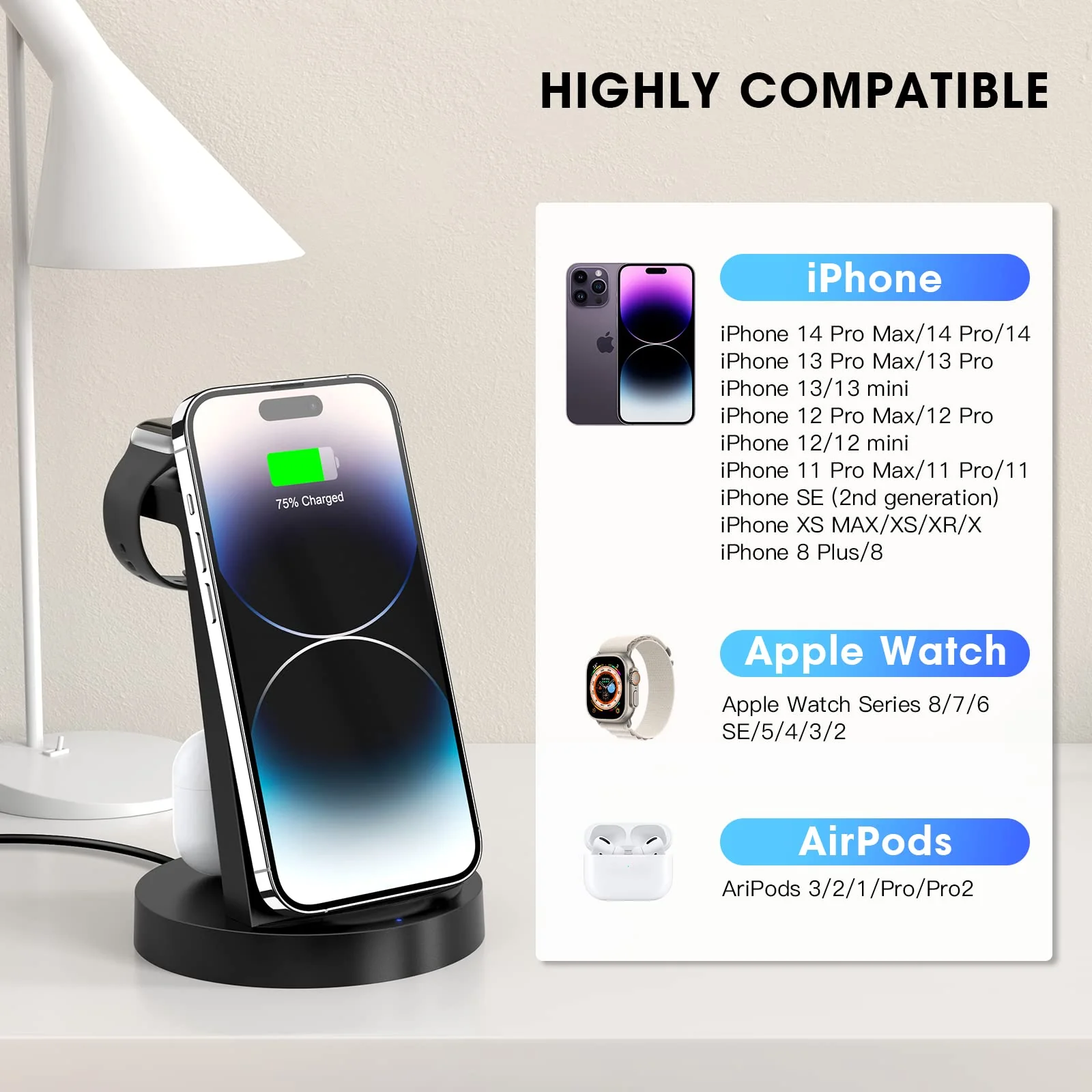 3 in 1 Charging Station for iPhone, Wireless Charger for iPhone 14 13 12 11 X Pro Max & Apple Watch - Charging Stand Dock for AirPods Black - Image 5