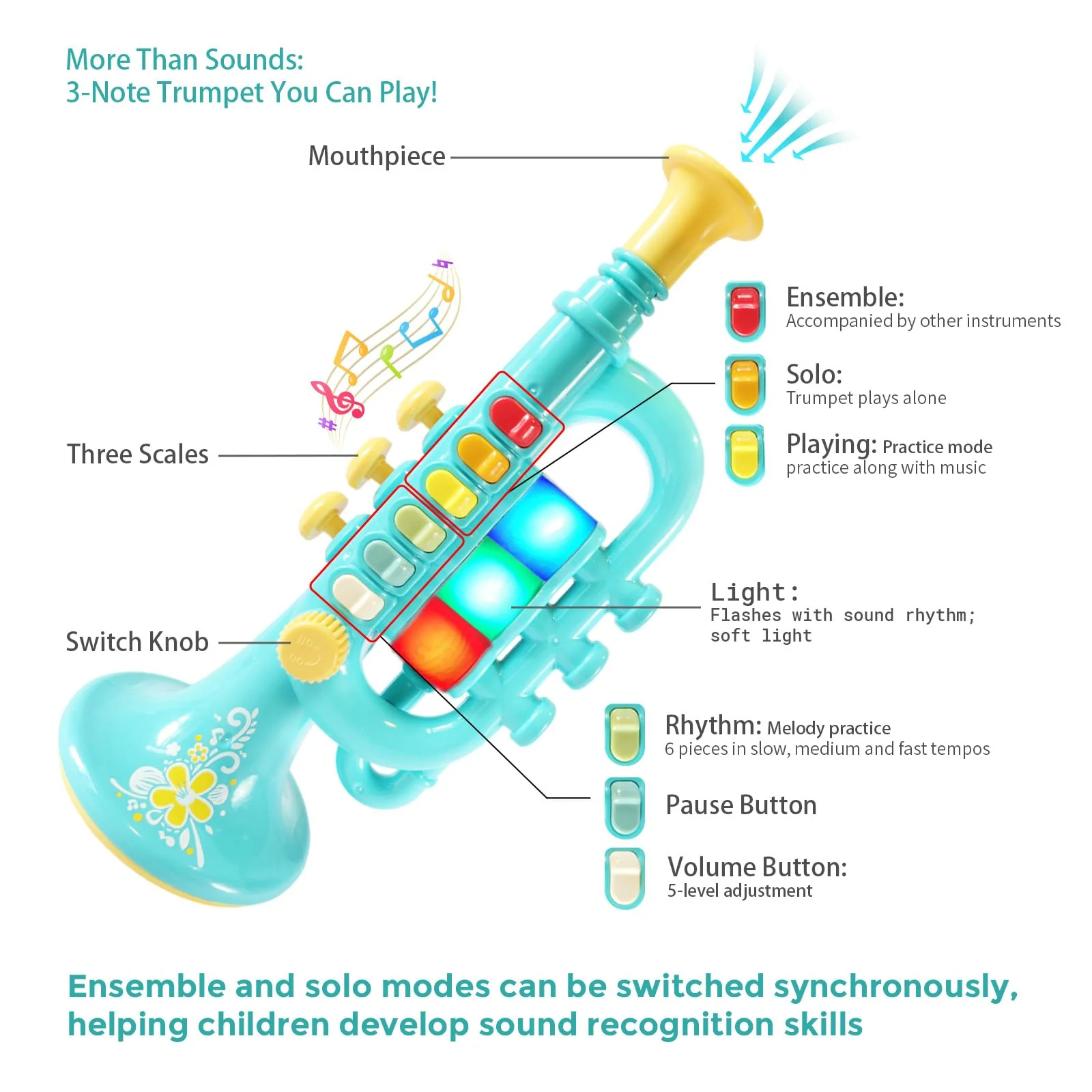 3-in-1 Kids Musical Instruments with Storage Bag, Toddler Toys with Plastic Trumpet, Harmonica & Flute Recorder, Educational Music Gifts for Children Ages 3 4 5 6 7,Gifts for Boys Girls 3in1-kids Trumpet-yd-wb001 - Image 4
