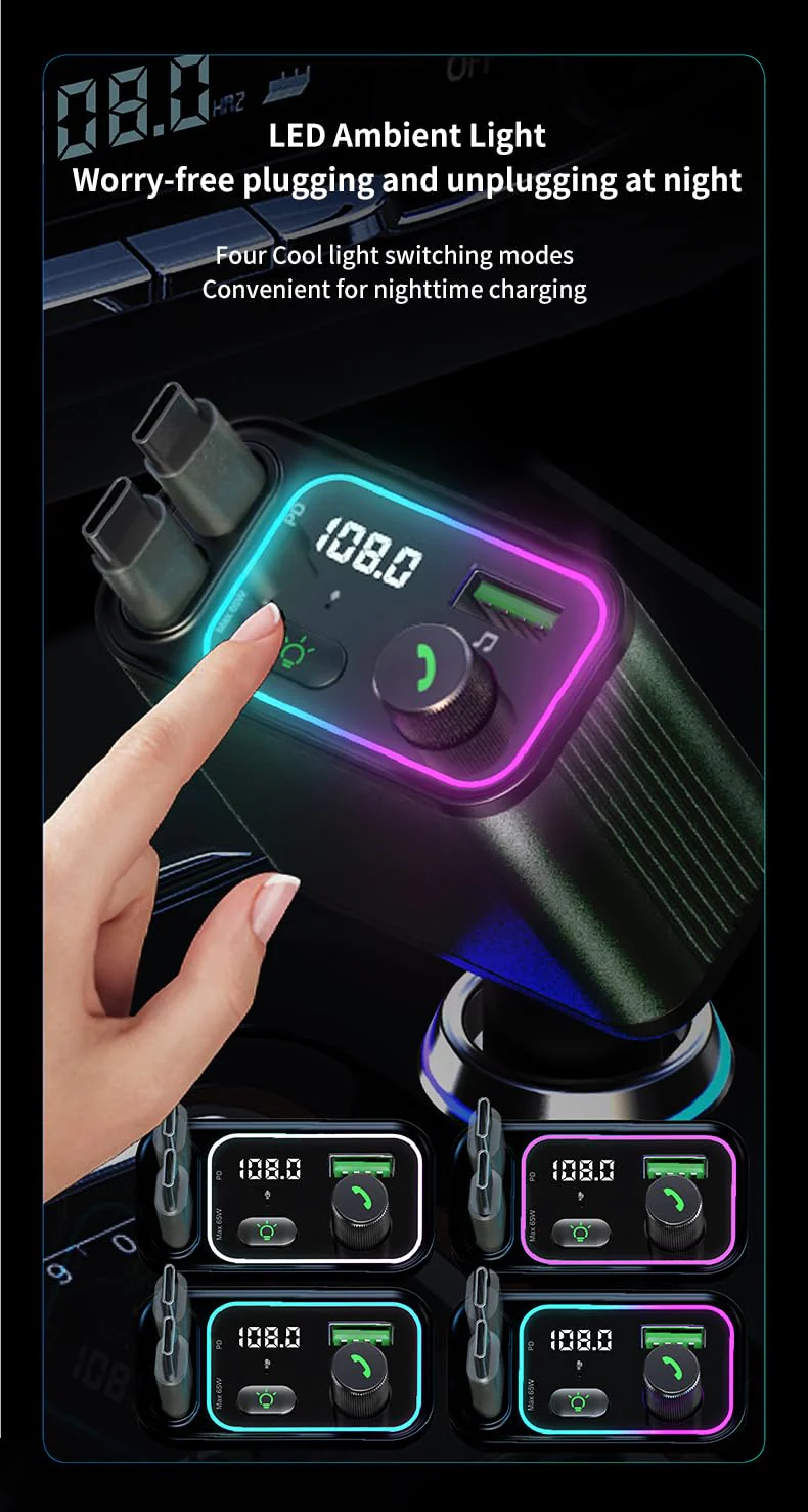 3 in 1 Retractable Car Charger Adapter & FM Transmitter Bluetooth Mp3 Player- Max 65W + 18W with 2 PD Fast Charging,2 Retractable Cables & USB-A Music Playback for iPhone,iPad,Samsung,Pixel - Image 4
