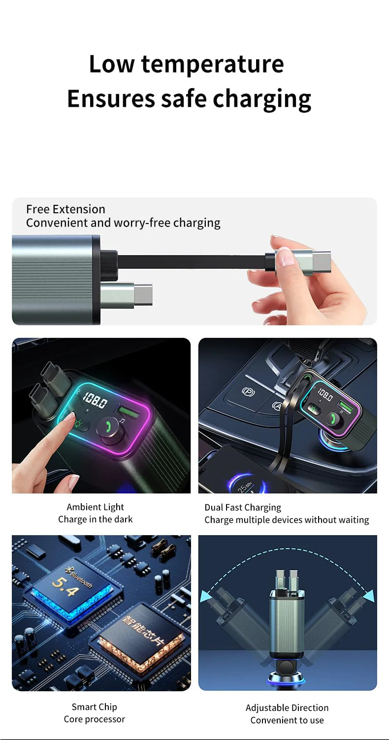3 in 1 Retractable Car Charger Adapter & FM Transmitter Bluetooth Mp3 Player- Max 65W + 18W with 2 PD Fast Charging,2 Retractable Cables & USB-A Music Playback for iPhone,iPad,Samsung,Pixel - Image 7