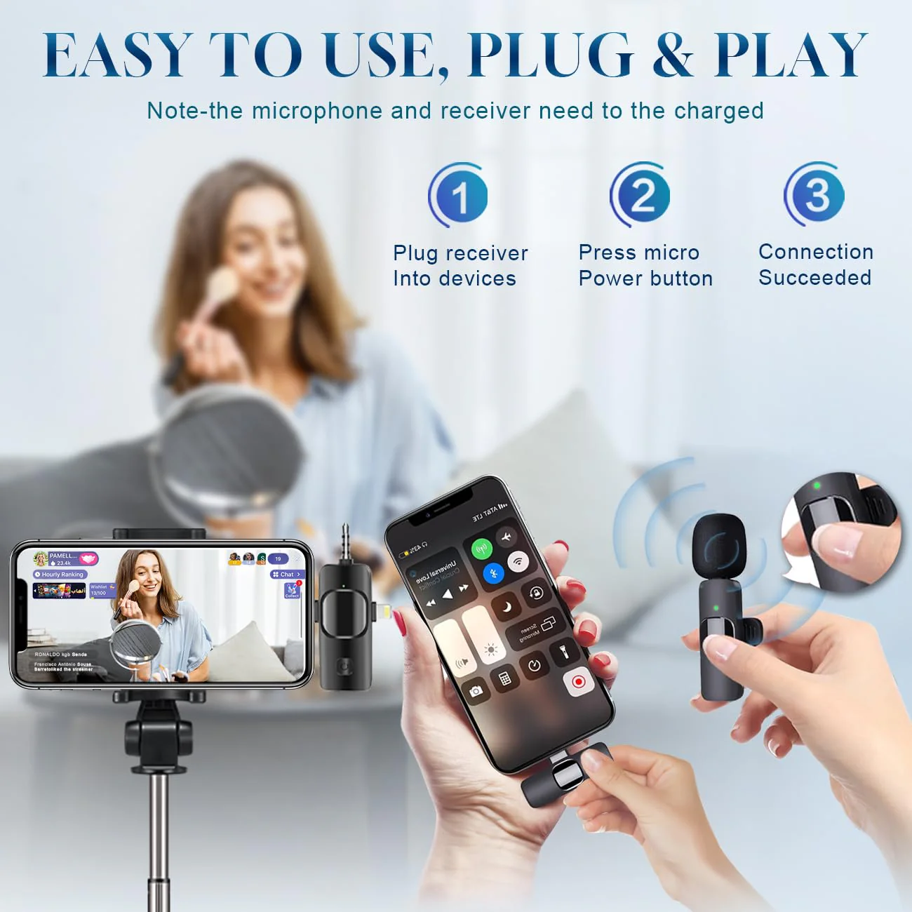 3 in 1 Wireless Lavalier Microphone for iPhone, iPad, Android, Camera,12-Hour Battery, mini Noise Reduction Recording Mic 2.4G Ultra-Low Delay, Microphone for Vlog/ TikTok/YouTube Live Stream( 3 Mic) 3MIC - Image 4
