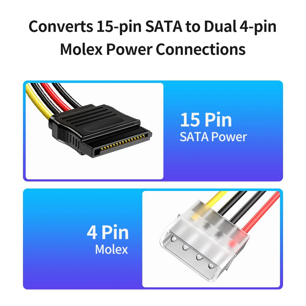 3-Pack 7.8 Inch 4 Pin Molex to SATA Power Cable, IDE 4Pin Male to SATA 15 Pin Female Power Adapter Cable - Image 2