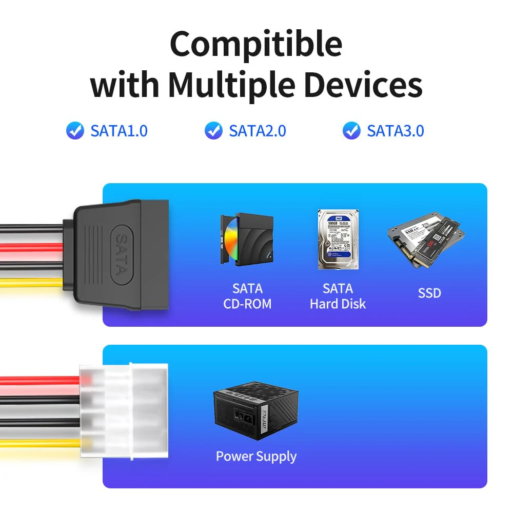 3-Pack 7.8 Inch 4 Pin Molex to SATA Power Cable, IDE 4Pin Male to SATA 15 Pin Female Power Adapter Cable - Image 4