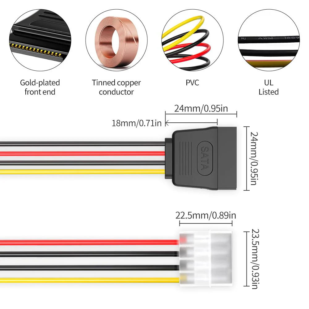 3-Pack 7.8 Inch 4 Pin Molex to SATA Power Cable, IDE 4Pin Male to SATA 15 Pin Female Power Adapter Cable - Image 5