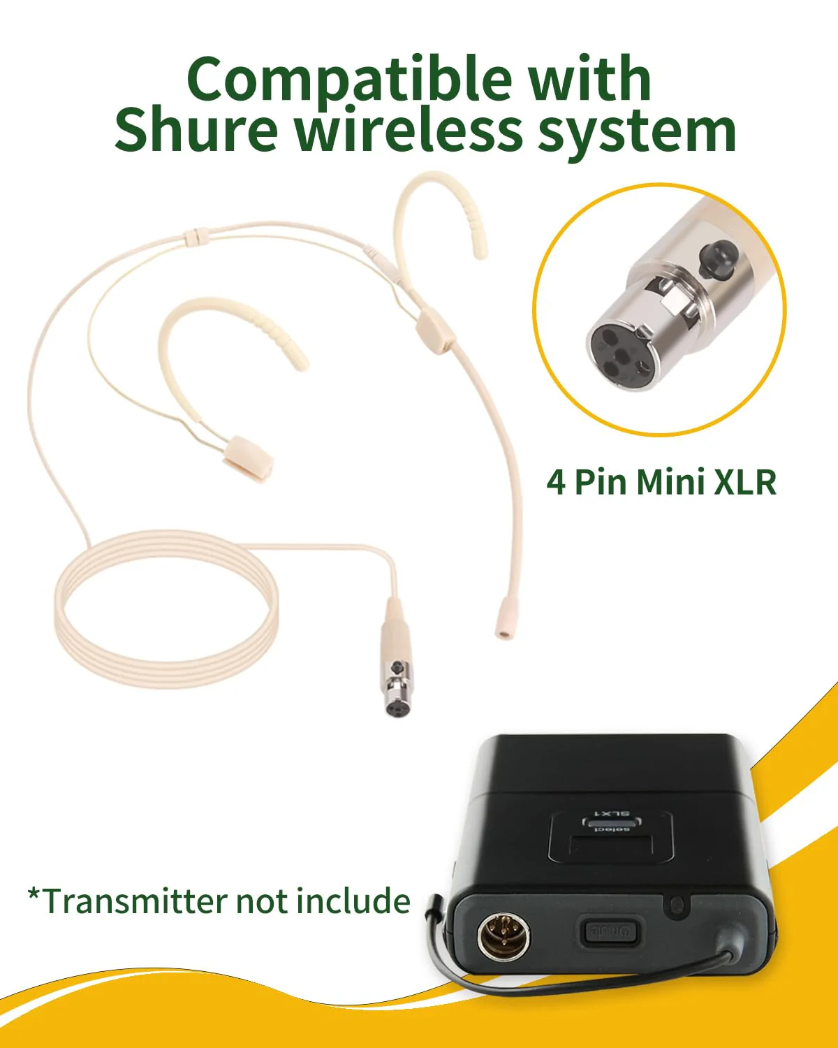 3 Pack Microphone Headset - Discreet Over-Ear Headworn Earset with Hanging Mic, Compatible with Shure Wireless Bodypack Transmitters - Ideal for Live Performances, Theater, Lectures & Public Speaking - Image 4