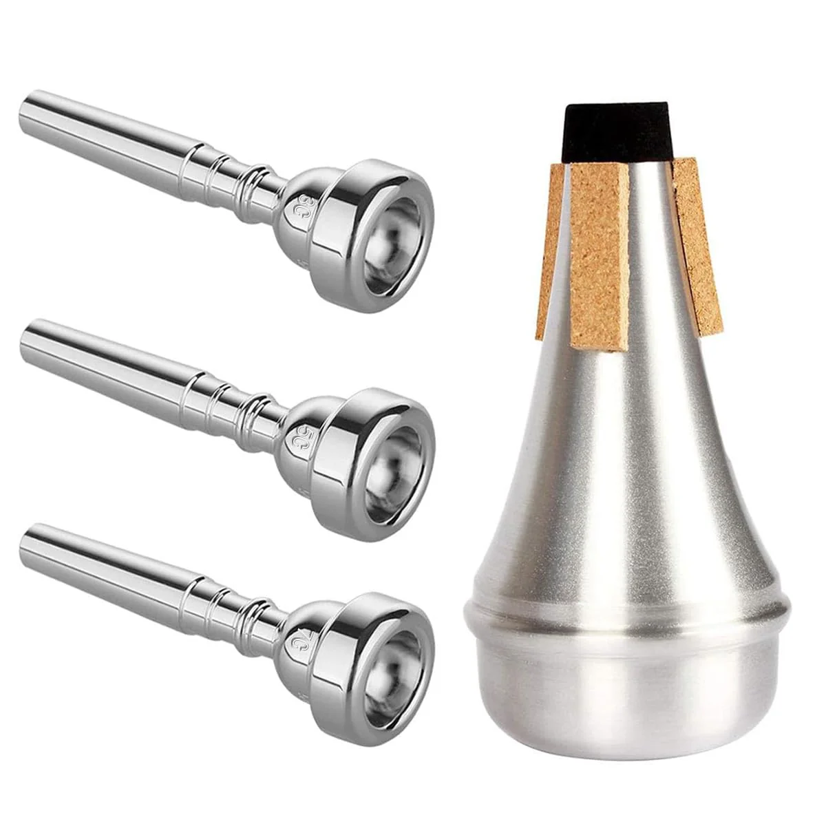 3 Pack Trumpet Mouthpiece (3C 5C 7C) with Lightweight Aluminum Practice Trumpet Mute Silencer Fit for Yamaha Bach Conn King Replacement Musical Instruments Accessories, Silver