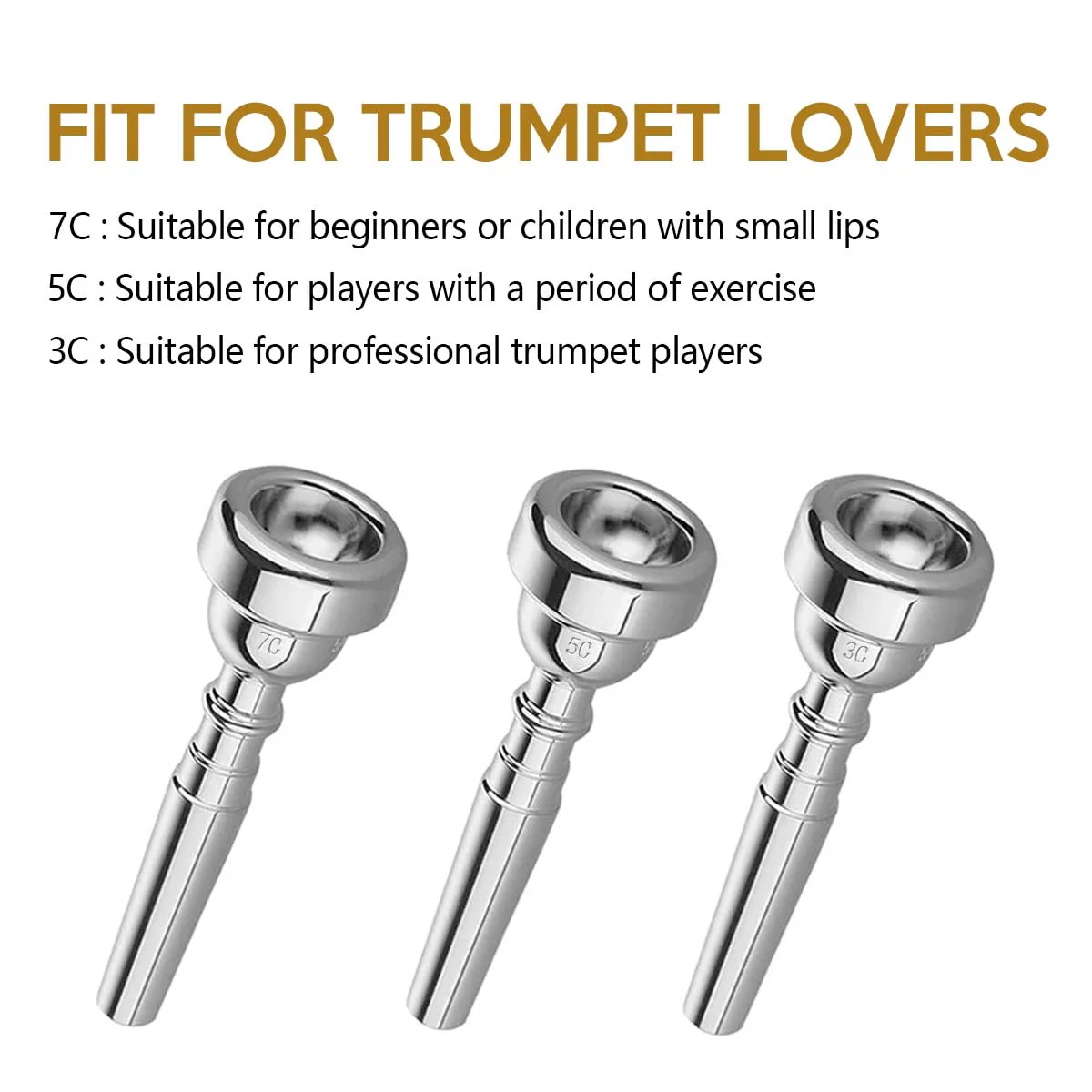 3 Pack Trumpet Mouthpiece (3C 5C 7C) with Lightweight Aluminum Practice Trumpet Mute Silencer Fit for Yamaha Bach Conn King Replacement Musical Instruments Accessories, Silver - Image 3