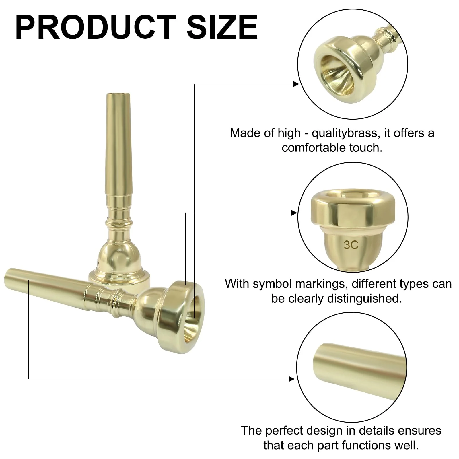 3 Pack Trumpet Mouthpiece, 7C 5C 3C Gold Brass Trumpet Mouthpiece Set Compatible with Yamaha, Cleaning Cloth for Beginners Professional Players - Image 4