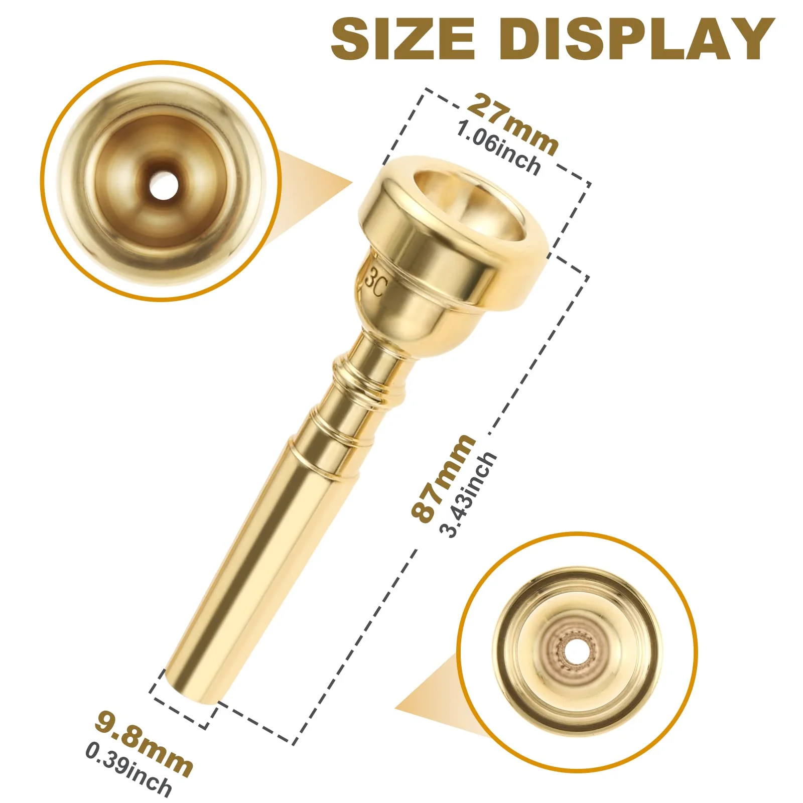 3 Pack Trumpet Mouthpiece 7C 5C 3C Trumpet Mouthpiece Set Compatible with Yamaha Bach Conn King Standard Trumpets for Beginners and Professional Players, Gold - Image 2
