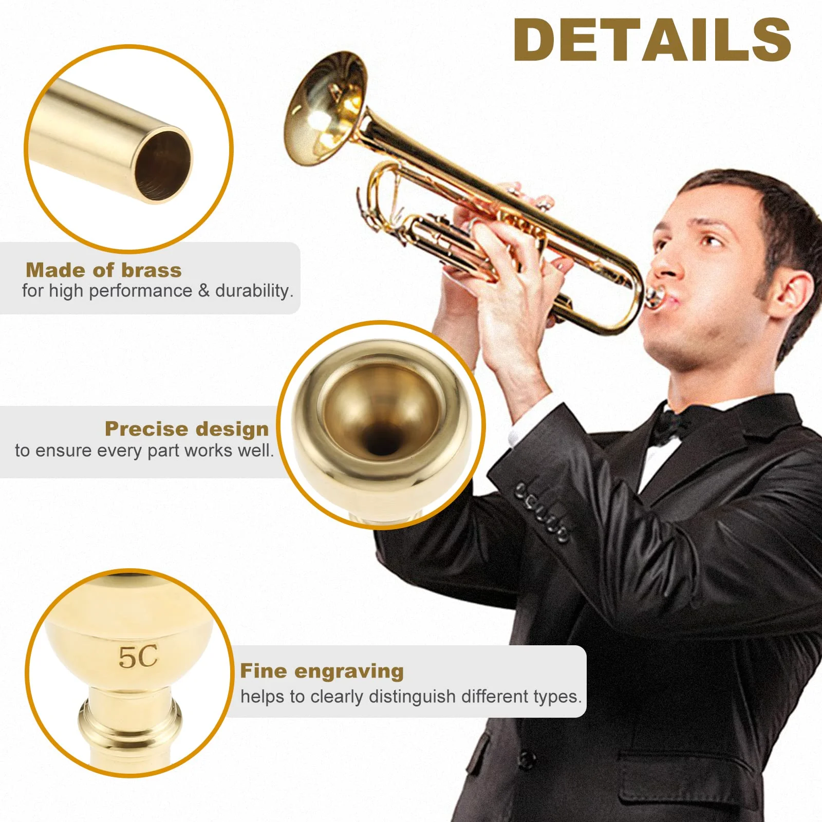 3 Pack Trumpet Mouthpiece 7C 5C 3C Trumpet Mouthpiece Set Compatible with Yamaha Bach Conn King Standard Trumpets for Beginners and Professional Players, Gold - Image 3