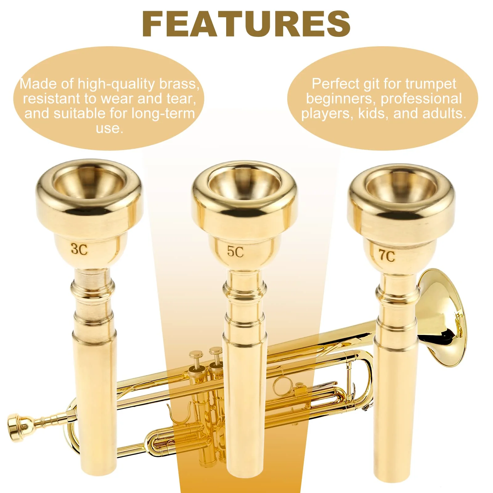 3 Pack Trumpet Mouthpiece 7C 5C 3C Trumpet Mouthpiece Set Compatible with Yamaha Bach Conn King Standard Trumpets for Beginners and Professional Players, Gold - Image 5
