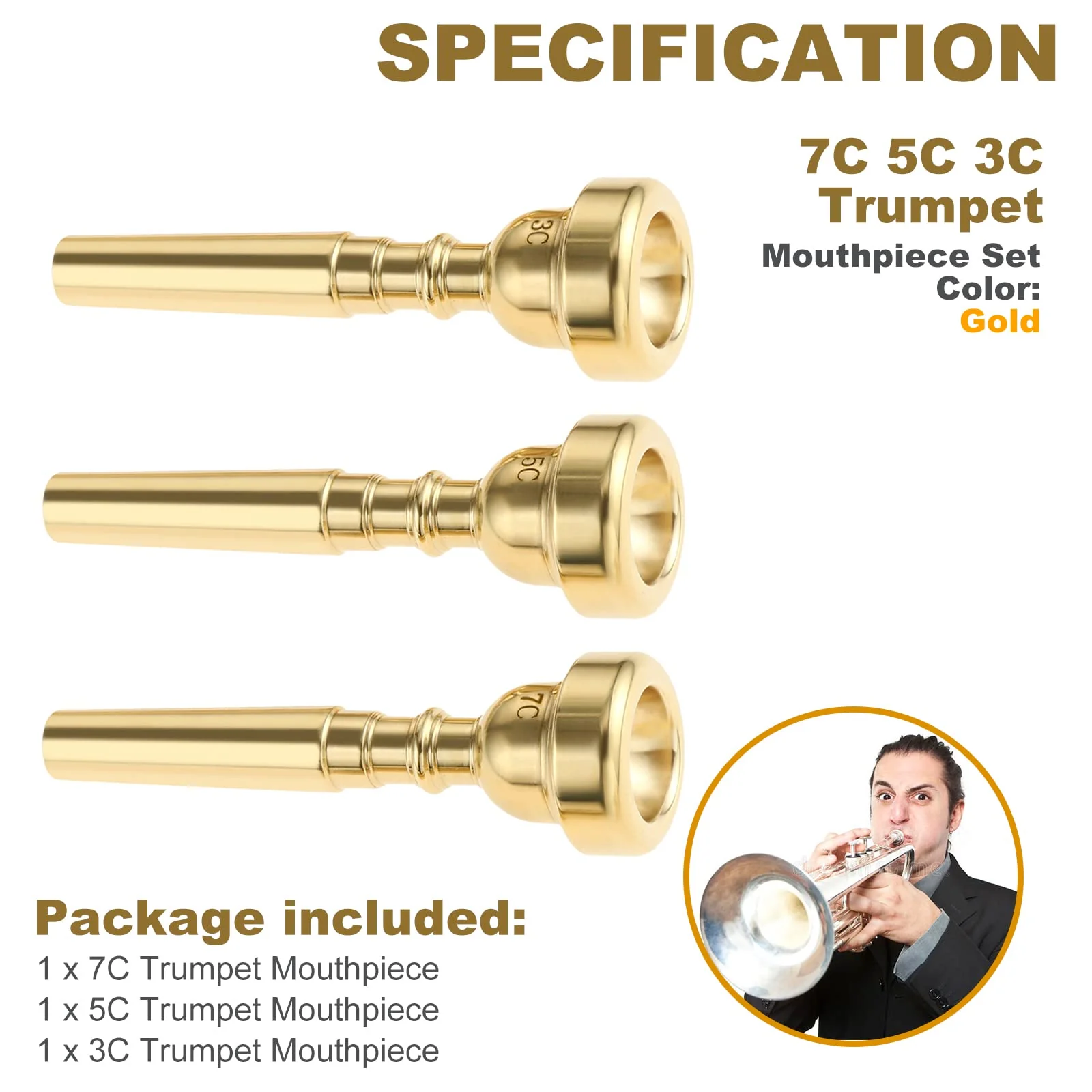 3 Pack Trumpet Mouthpiece 7C 5C 3C Trumpet Mouthpiece Set Compatible with Yamaha Bach Conn King Standard Trumpets for Beginners and Professional Players, Gold - Image 6