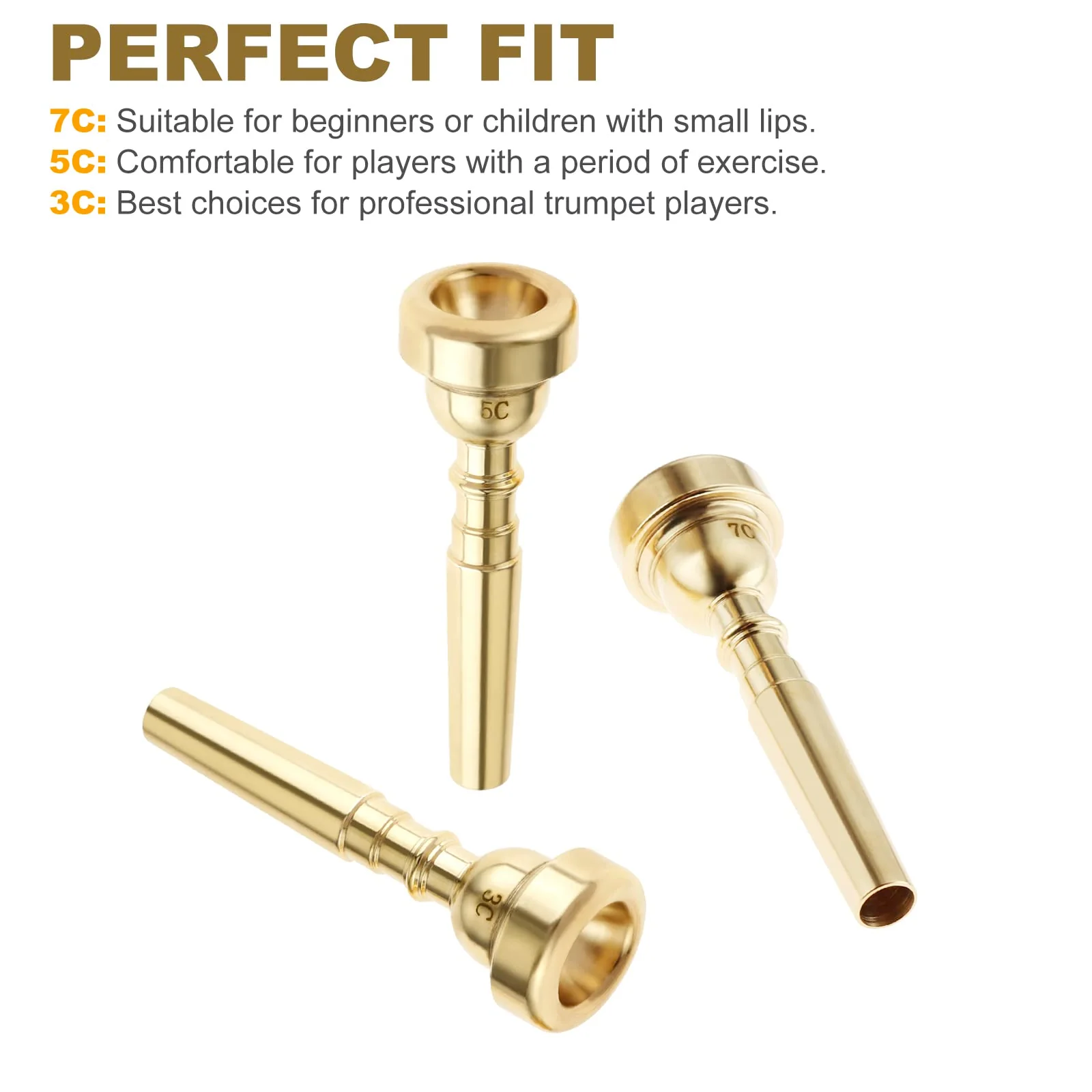 3 Pack Trumpet Mouthpiece 7C 5C 3C Trumpet Mouthpiece Set Compatible with Yamaha Bach Conn King Standard Trumpets for Beginners and Professional Players, Gold - Image 7
