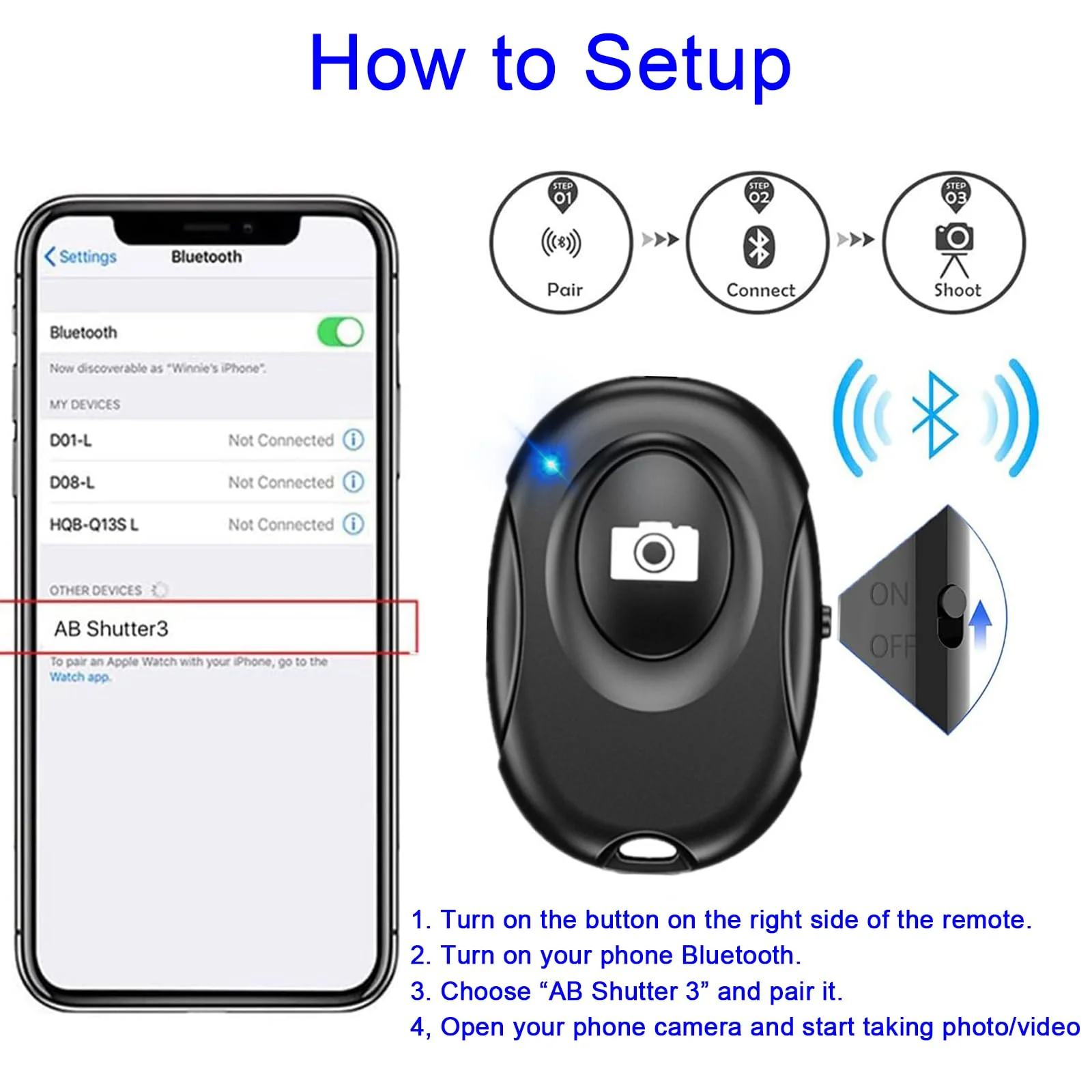 3 Pack Wireless Camera Remote Control Clicker | Camera Remote Shutter for iPhone & Android Smartphones | Wireless Remote Control Selfie Button for Photos & Video- Include Wrist Strap Black-Black-Black - Image 4