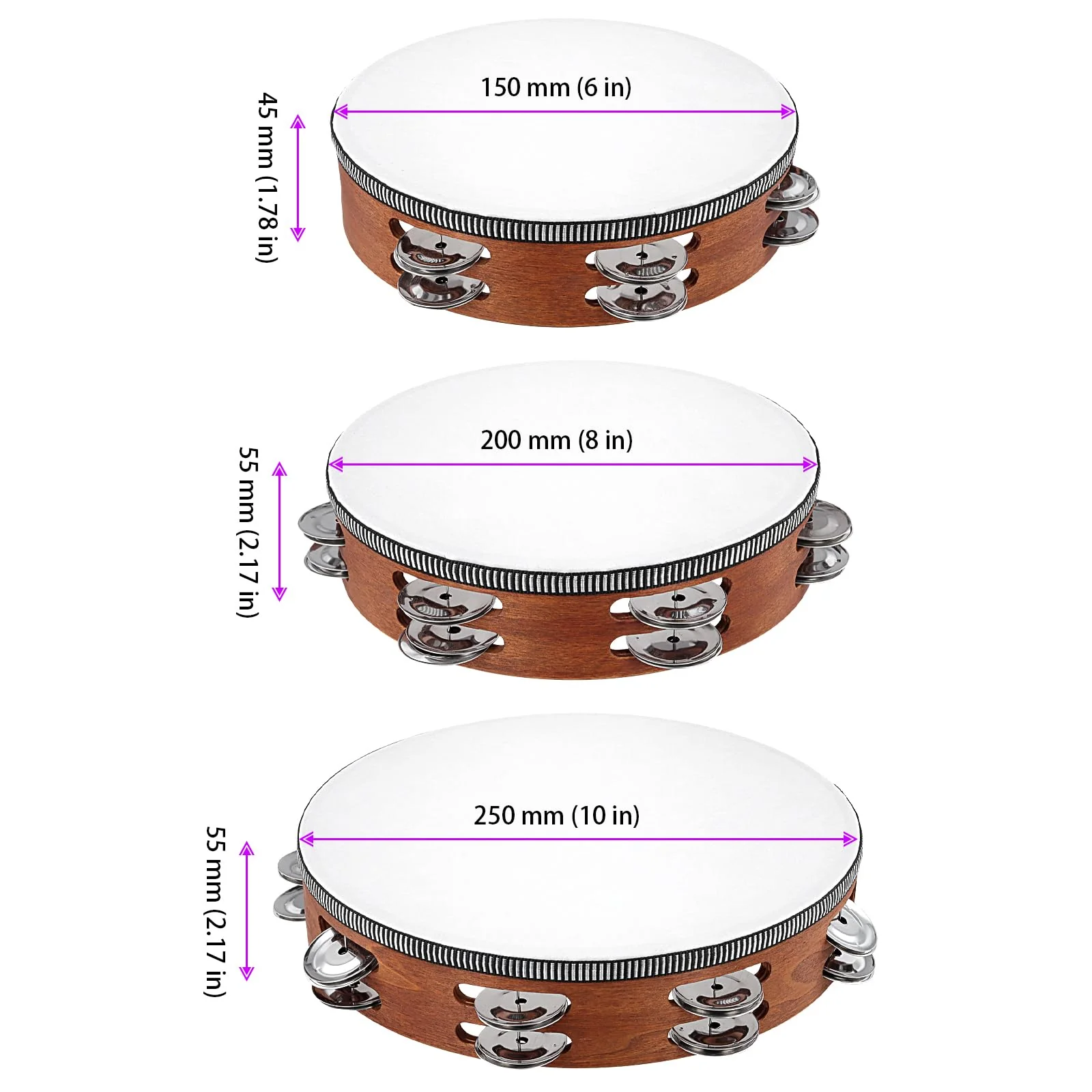 3 Pack Wooden HandHeld Tambourine Set, 6 Inch 8 Inch 10 Inch Double Row Tambourines for Adults for Party, Dance, Wedding, Brown - Image 2