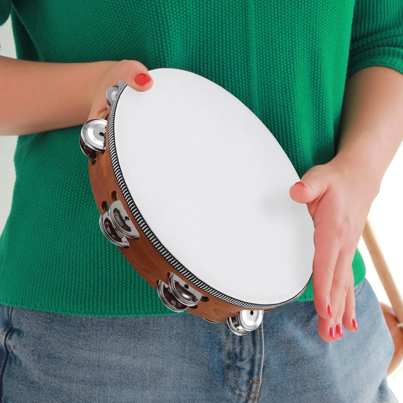3 Pack Wooden HandHeld Tambourine Set, 6 Inch 8 Inch 10 Inch Double Row Tambourines for Adults for Party, Dance, Wedding, Brown - Image 6