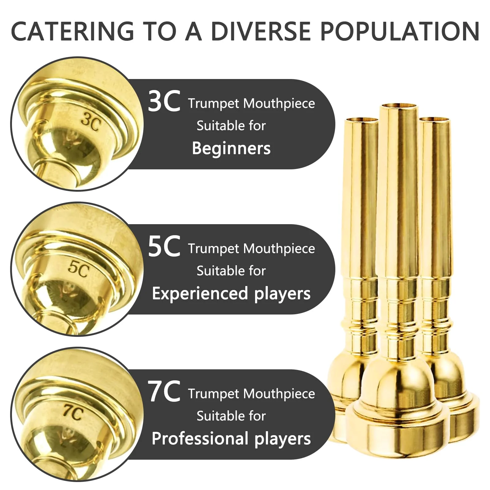 3 Packs Gold Trumpet Mouthpiece Set Pure Copper Mouthpieces, Labor-Saving Replacement Accessories for Beginners and Students (3C, 5C, 7C) - Image 3
