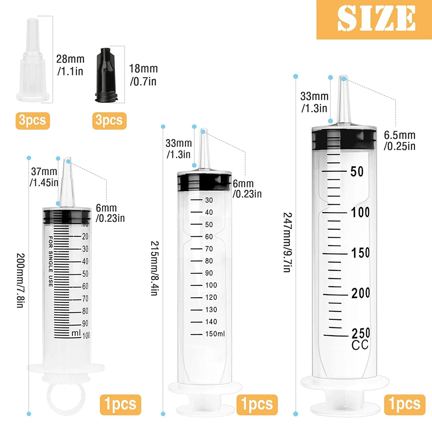 3 Packs Plastic Syringes with 3 Plastic Tubes for Oil or Glue Applicators, Experiments, Pet Feeding, Industrial Applications (100 ml + 150 ml + 250 ml) - Image 2