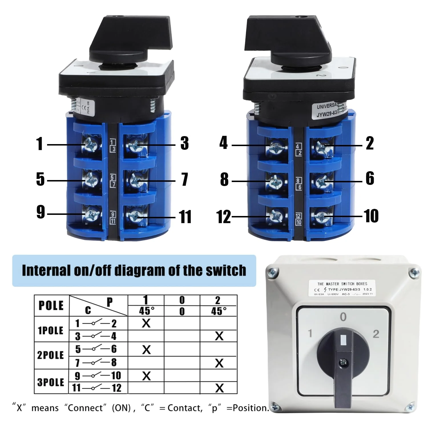3 Phase Rotary Changeover Switch 690V 63A Universal Cam Conversion Switch 3 Position 12Terminal Main Switch Box JYW29-63/3 D303 - Image 3