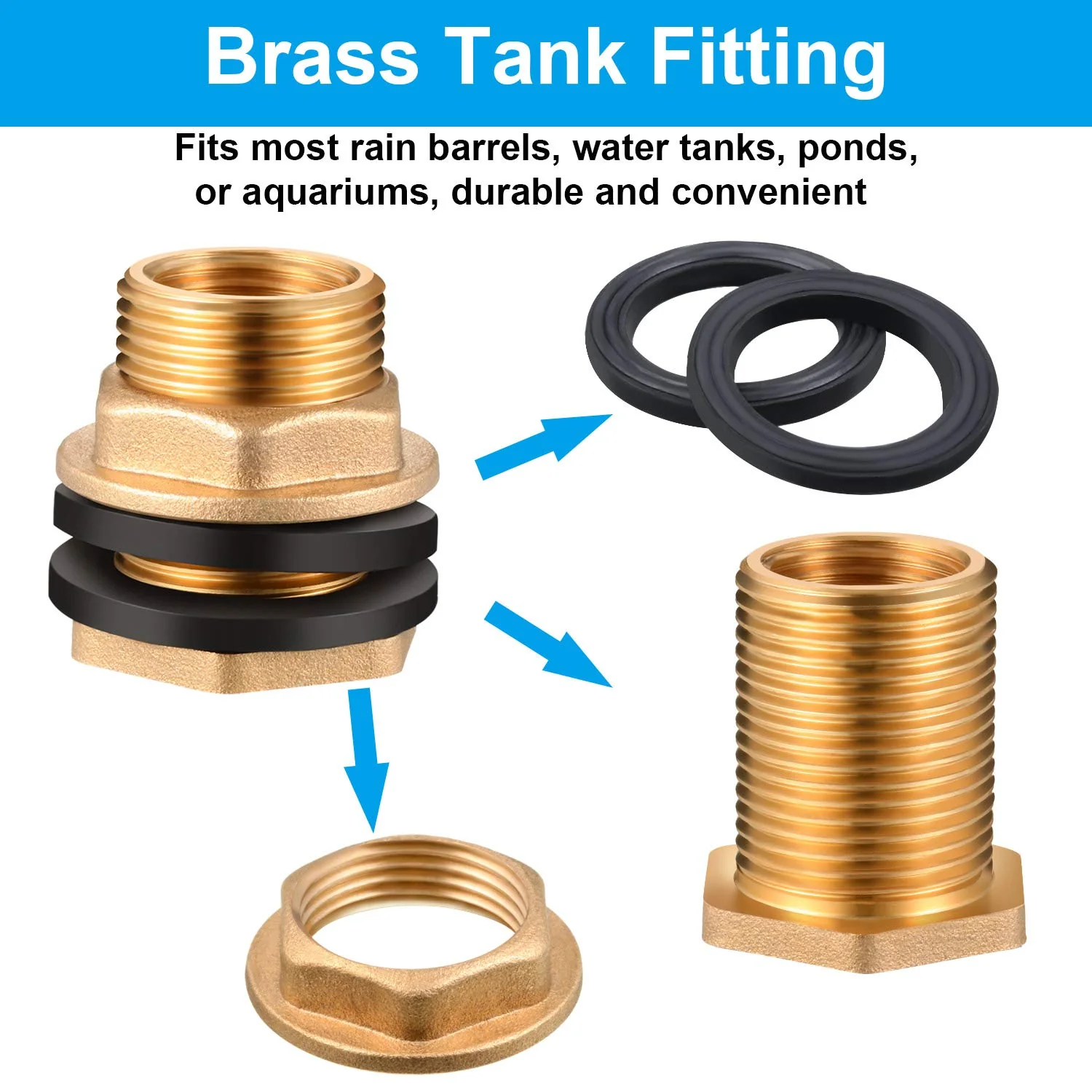 3 Pieces 1/2 Inch Female 3/4 Inch Male G-Thread Solid Brass Threaded Bulkhead Garden Water Tank Connector Fitting with 2 Black Rubber Ring Stabilizing Hose Adapter for Rain Barrels Aquariums - Image 2