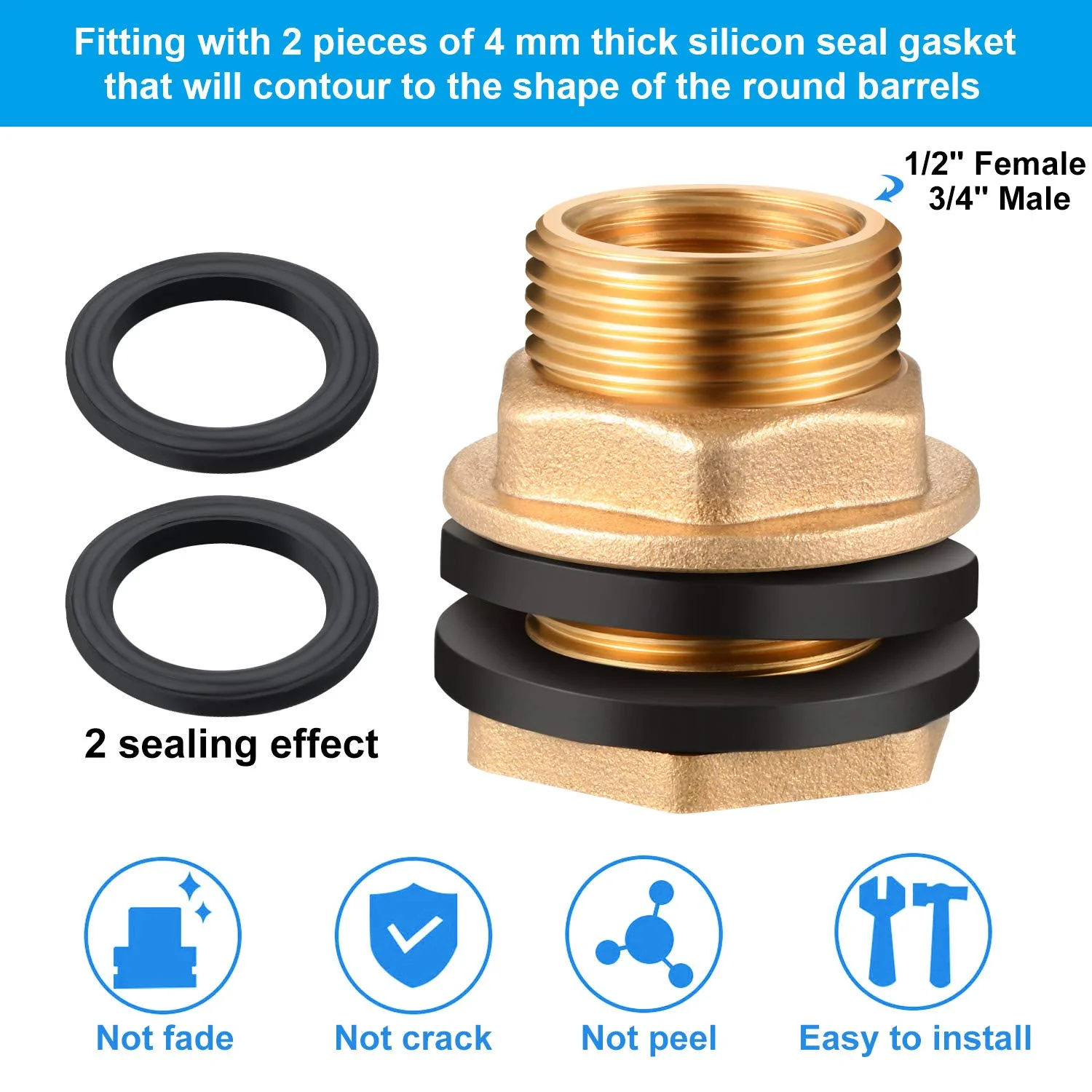 3 Pieces 1/2 Inch Female 3/4 Inch Male G-Thread Solid Brass Threaded Bulkhead Garden Water Tank Connector Fitting with 2 Black Rubber Ring Stabilizing Hose Adapter for Rain Barrels Aquariums - Image 3