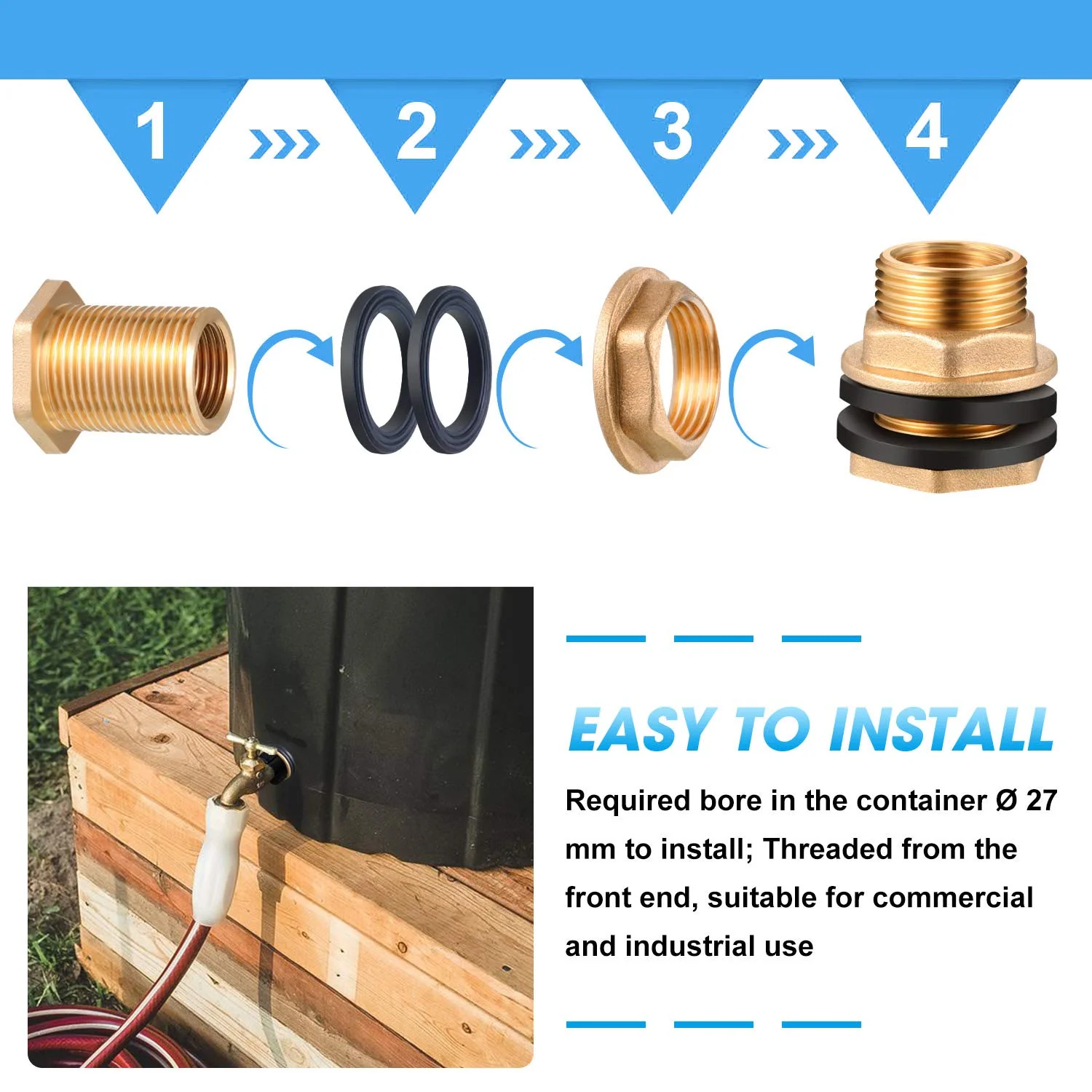 3 Pieces 1/2 Inch Female 3/4 Inch Male G-Thread Solid Brass Threaded Bulkhead Garden Water Tank Connector Fitting with 2 Black Rubber Ring Stabilizing Hose Adapter for Rain Barrels Aquariums - Image 4