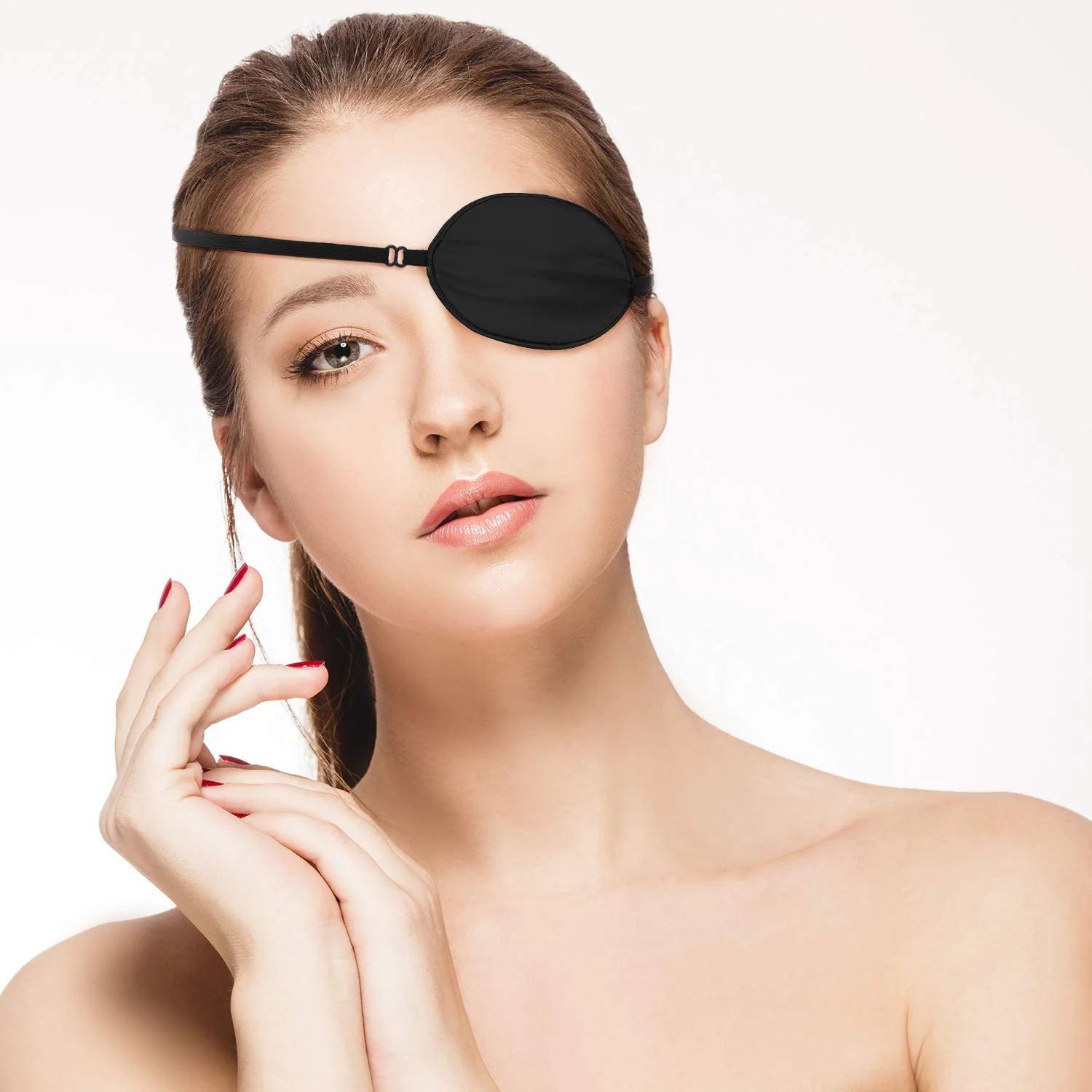 3 Pieces Silk Eye Patch Elastic Lazy Eye Patch Adult Adjustable Single Eye Patch with Elastic Strap (Black, Champagne, Peach) Black, Champagne, Peach - Image 7