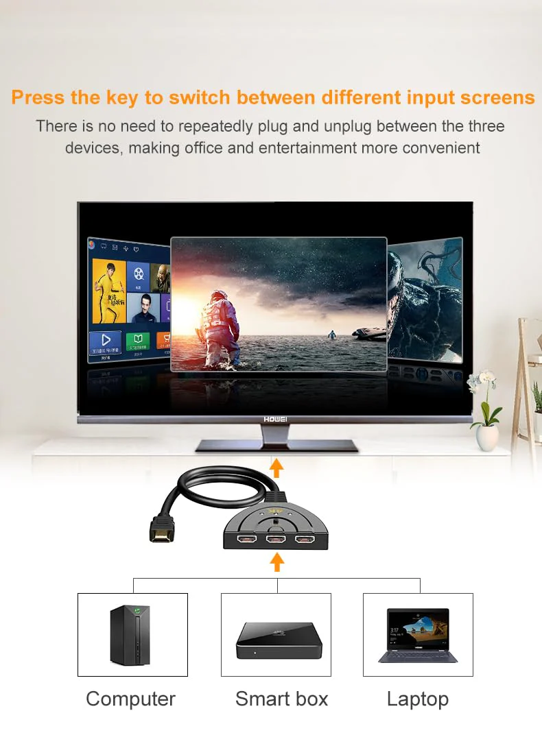 3 Port HDMI Switcher with Cable, 4K HDMI Splitter 3 in 1 Out, Supports Full HD 4K 1080P 3D Player, HDMI Hub for TV Stick,PS4,PC - Image 3