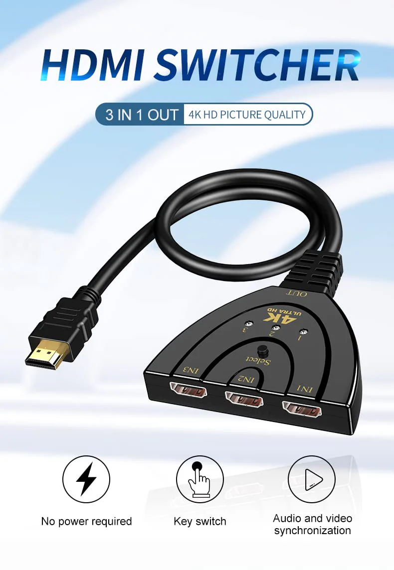 3 Port HDMI Switcher with Cable, 4K HDMI Splitter 3 in 1 Out, Supports Full HD 4K 1080P 3D Player, HDMI Hub for TV Stick,PS4,PC - Image 4