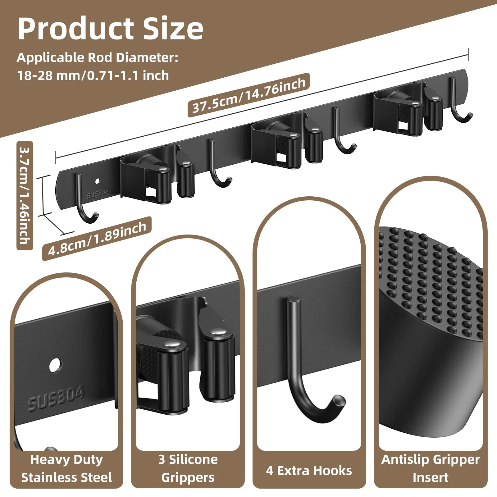 3 Positions Wall Mounted Mop Holder, Robust Stainless Steel Broom Holder, Multifunctional Broom Storage, Mop Holder with Hook, Mop Wall Mount, Device Holder Rail for Kitchen, Bathroom, Garden - Image 2