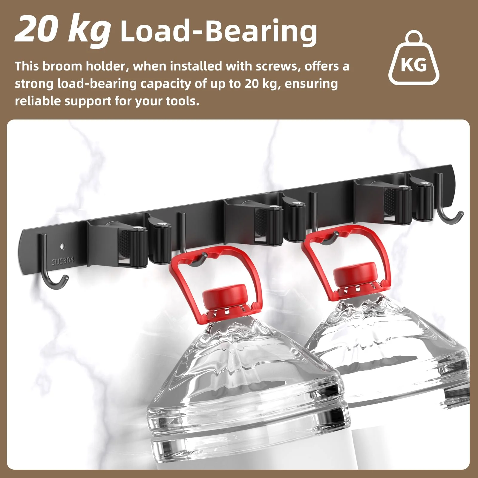 3 Positions Wall Mounted Mop Holder, Robust Stainless Steel Broom Holder, Multifunctional Broom Storage, Mop Holder with Hook, Mop Wall Mount, Device Holder Rail for Kitchen, Bathroom, Garden - Image 3