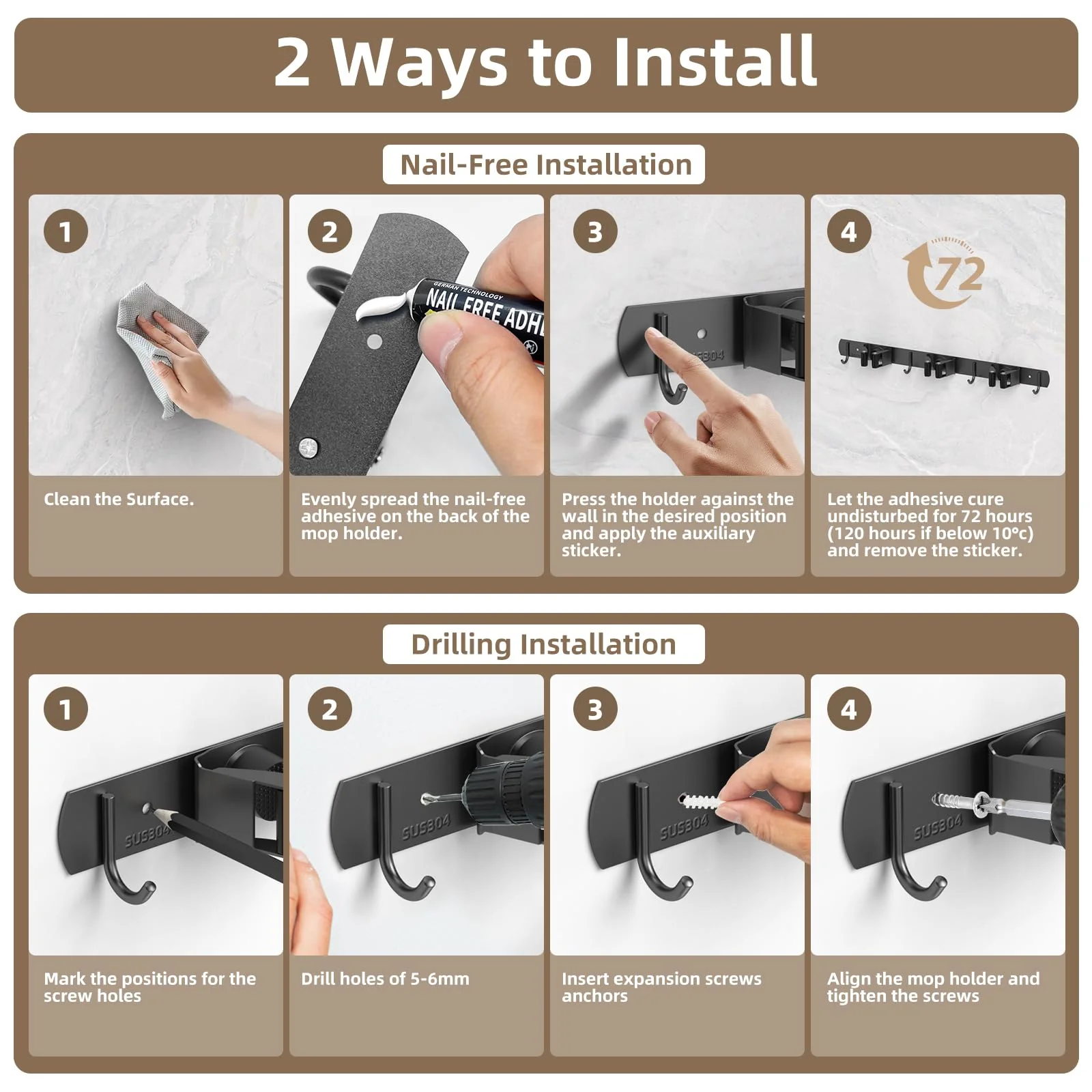 3 Positions Wall Mounted Mop Holder, Robust Stainless Steel Broom Holder, Multifunctional Broom Storage, Mop Holder with Hook, Mop Wall Mount, Device Holder Rail for Kitchen, Bathroom, Garden - Image 4