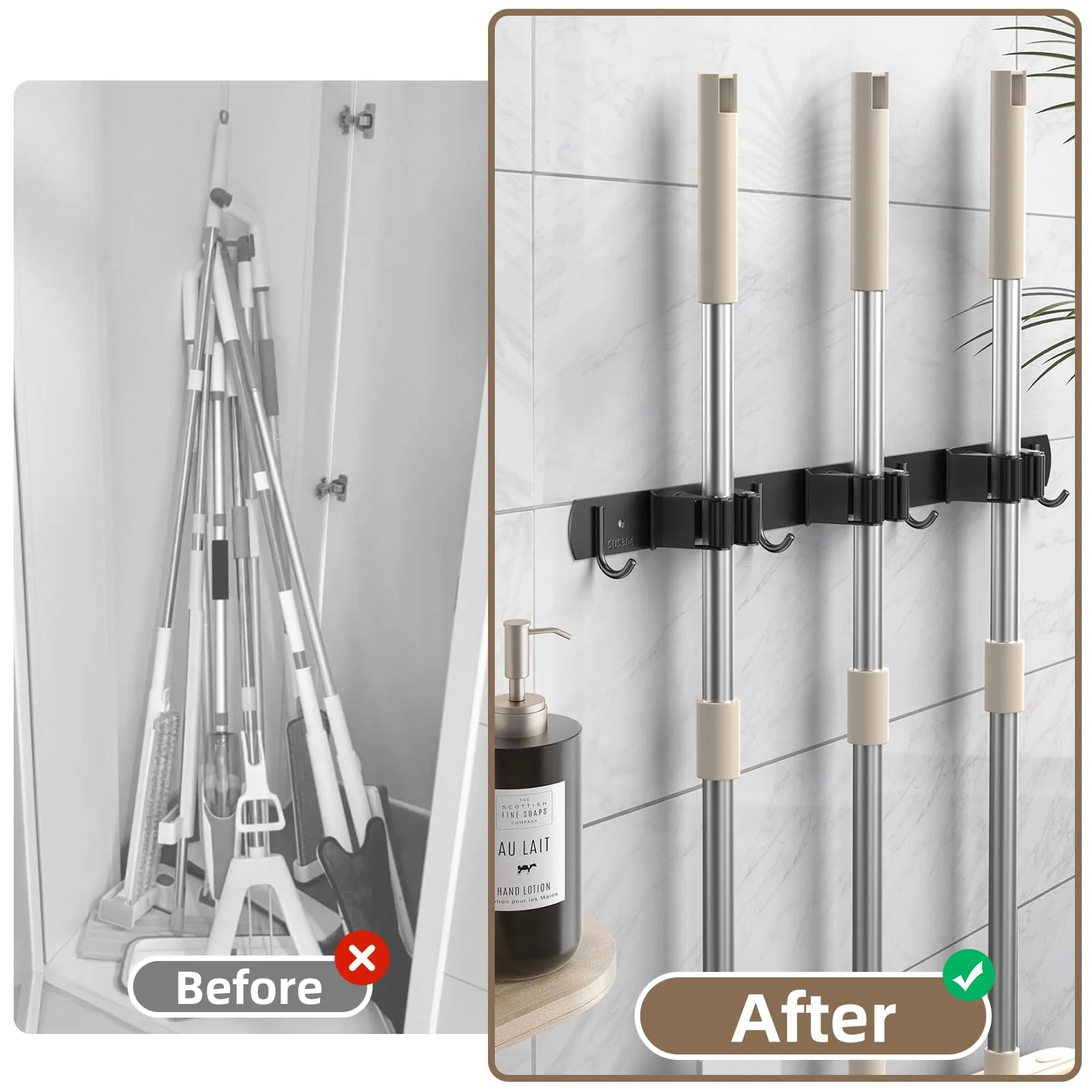 3 Positions Wall Mounted Mop Holder, Robust Stainless Steel Broom Holder, Multifunctional Broom Storage, Mop Holder with Hook, Mop Wall Mount, Device Holder Rail for Kitchen, Bathroom, Garden - Image 6
