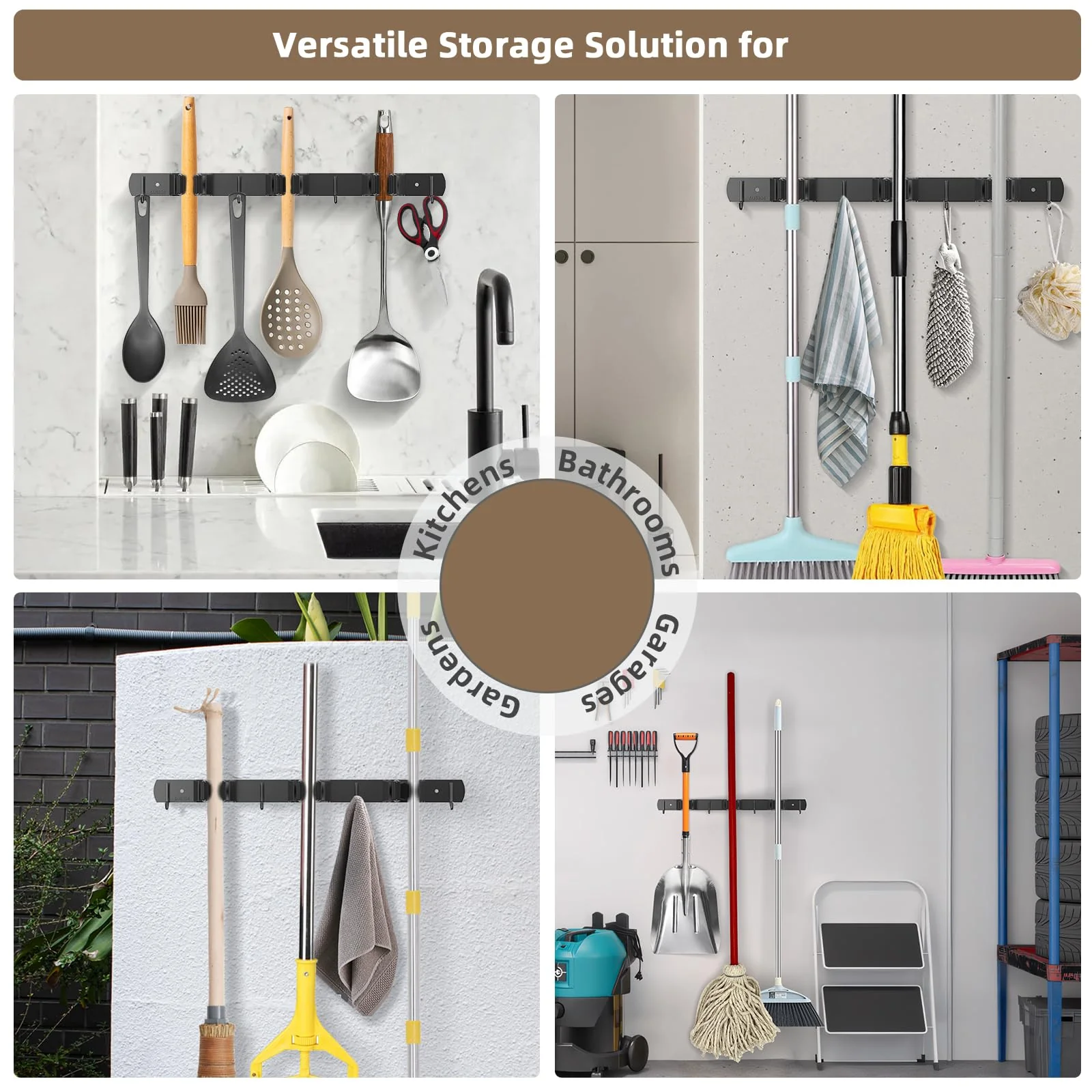 3 Positions Wall Mounted Mop Holder, Robust Stainless Steel Broom Holder, Multifunctional Broom Storage, Mop Holder with Hook, Mop Wall Mount, Device Holder Rail for Kitchen, Bathroom, Garden - Image 7