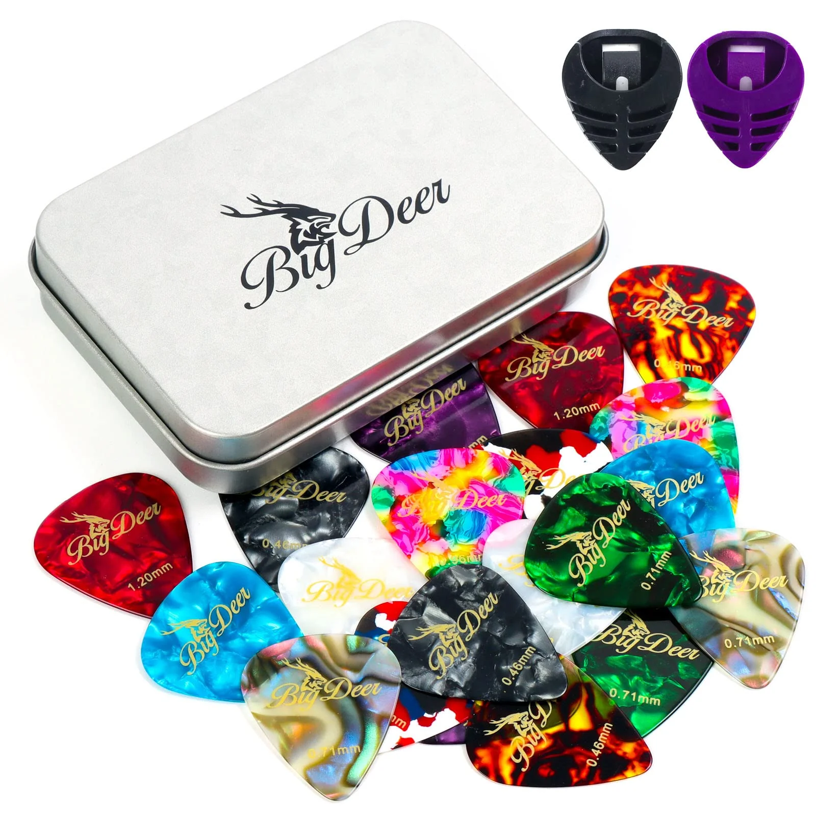 30 Pack Bright celluloid guitar picks, including 0.46mm, 0.71mm, 0.96mm and 1.2mm picks for acoustic guitars, ukulele, bass in tin case,comes with two guitar pick holders