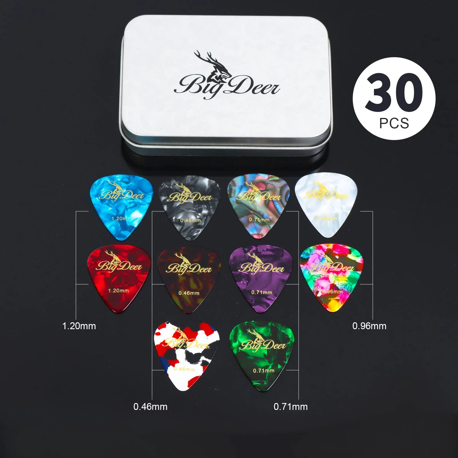 30 Pack Bright celluloid guitar picks, including 0.46mm, 0.71mm, 0.96mm and 1.2mm picks for acoustic guitars, ukulele, bass in tin case,comes with two guitar pick holders - Image 2