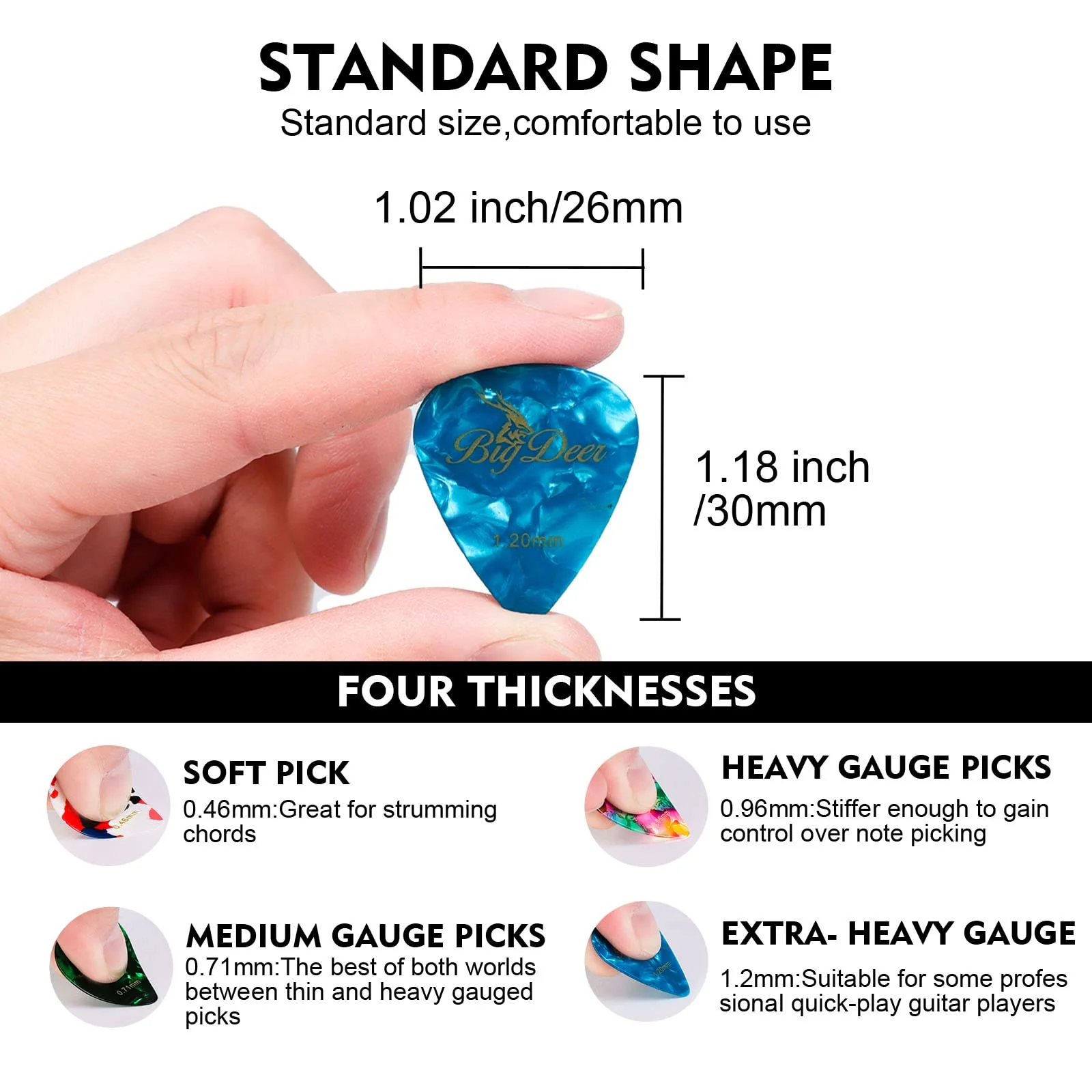 30 Pack Bright celluloid guitar picks, including 0.46mm, 0.71mm, 0.96mm and 1.2mm picks for acoustic guitars, ukulele, bass in tin case,comes with two guitar pick holders - Image 3