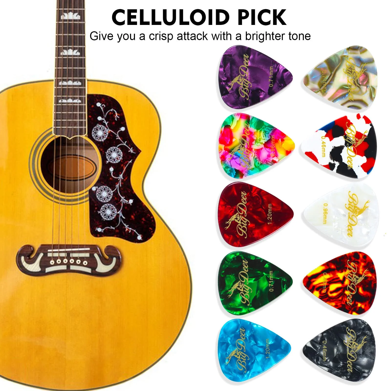 30 Pack Bright celluloid guitar picks, including 0.46mm, 0.71mm, 0.96mm and 1.2mm picks for acoustic guitars, ukulele, bass in tin case,comes with two guitar pick holders - Image 4