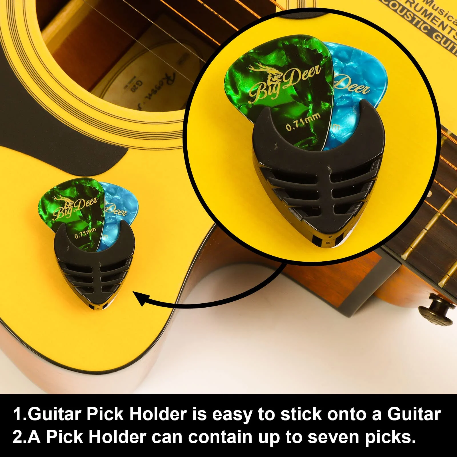 30 Pack Bright celluloid guitar picks, including 0.46mm, 0.71mm, 0.96mm and 1.2mm picks for acoustic guitars, ukulele, bass in tin case,comes with two guitar pick holders - Image 5