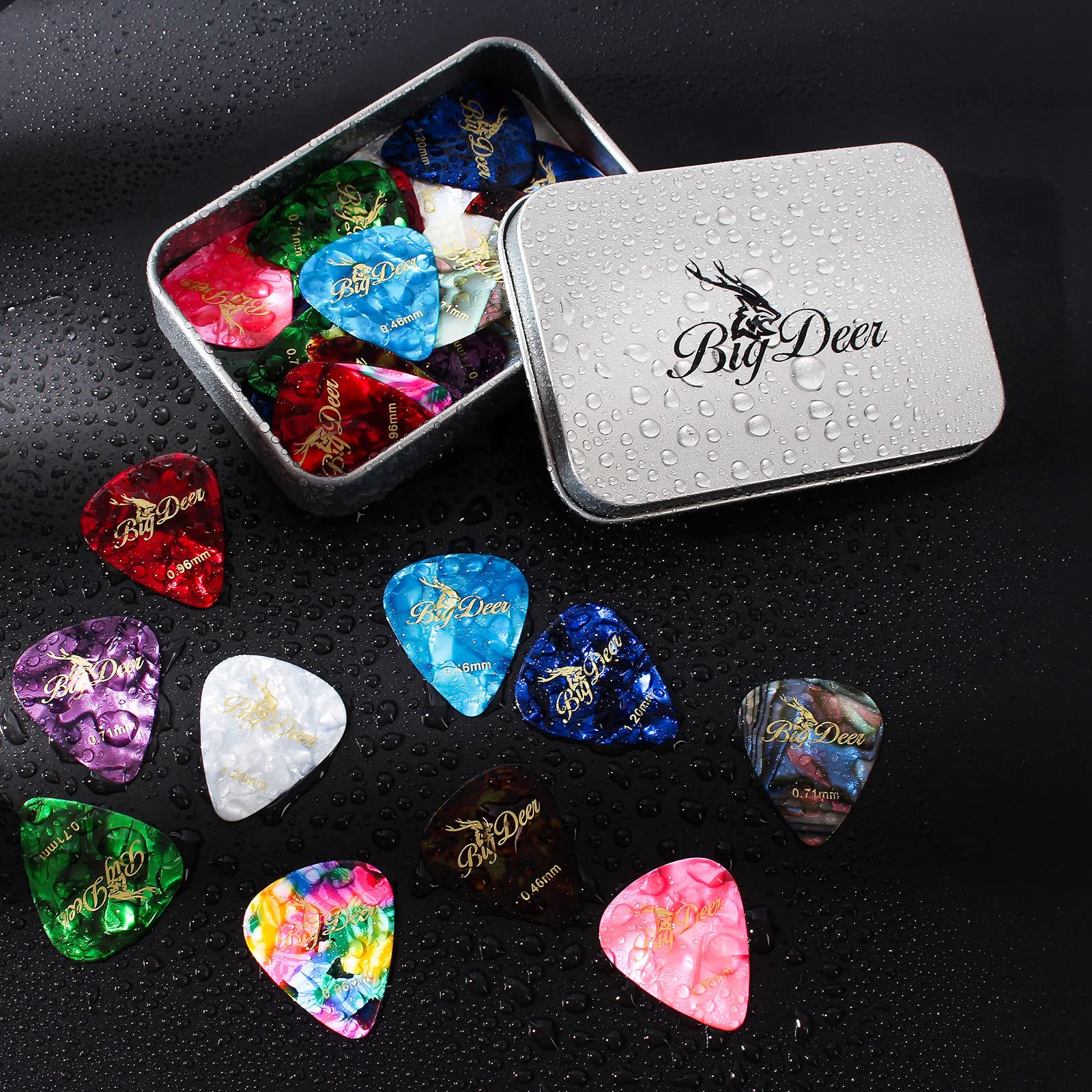 30 Pack Bright celluloid guitar picks, including 0.46mm, 0.71mm, 0.96mm and 1.2mm picks for acoustic guitars, ukulele, bass in tin case,comes with two guitar pick holders - Image 7