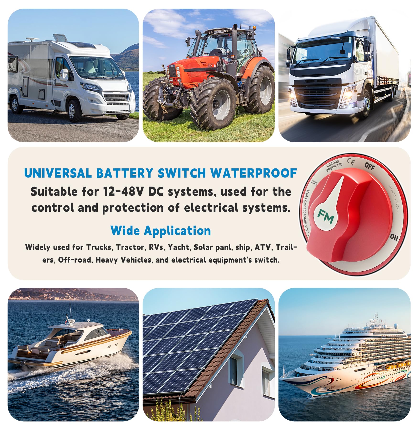 300A Waterproof Battery Disconnect Switch 12V-48V, On/Off Kill Switch for Marine, RV, Car, Boat, Truck, ATV, UTV, Ignition Protected with Cable 300A ON/OFF Single Circuit with Cable - Image 2