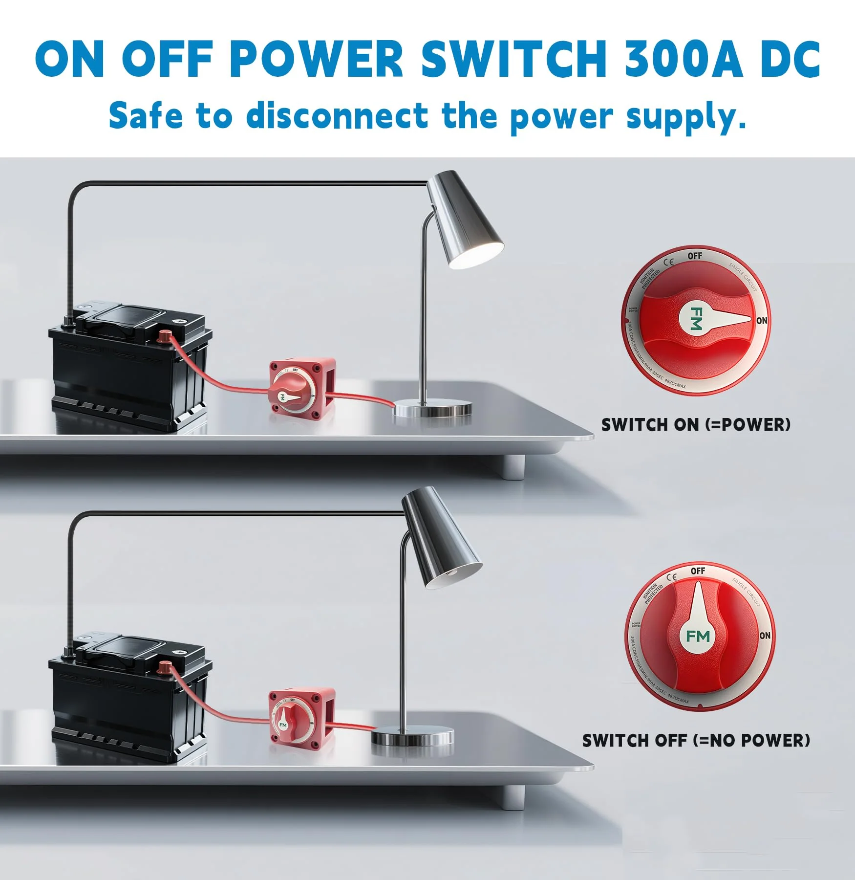 300A Waterproof Battery Disconnect Switch 12V-48V, On/Off Kill Switch for Marine, RV, Car, Boat, Truck, ATV, UTV, Ignition Protected with Cable 300A ON/OFF Single Circuit with Cable - Image 3