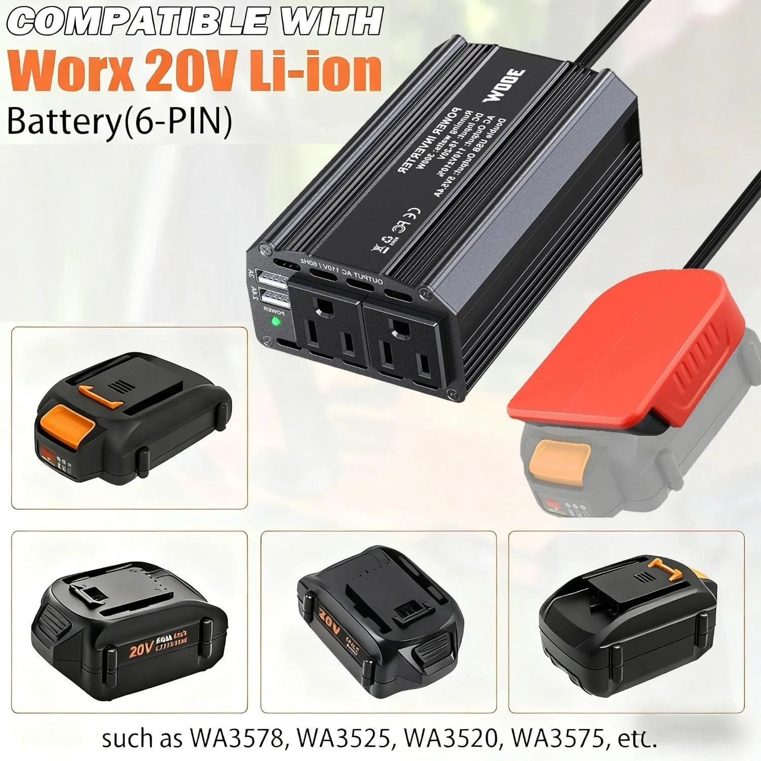 300W Power Inverter for Worx 20V 6PIN Li-ion Battery DC 20V to AC 110V 120V Battery Inverter Portable Power Station Generator with 2 AC Outlet & 2 USB Ports for Camping Outdoor - Image 2