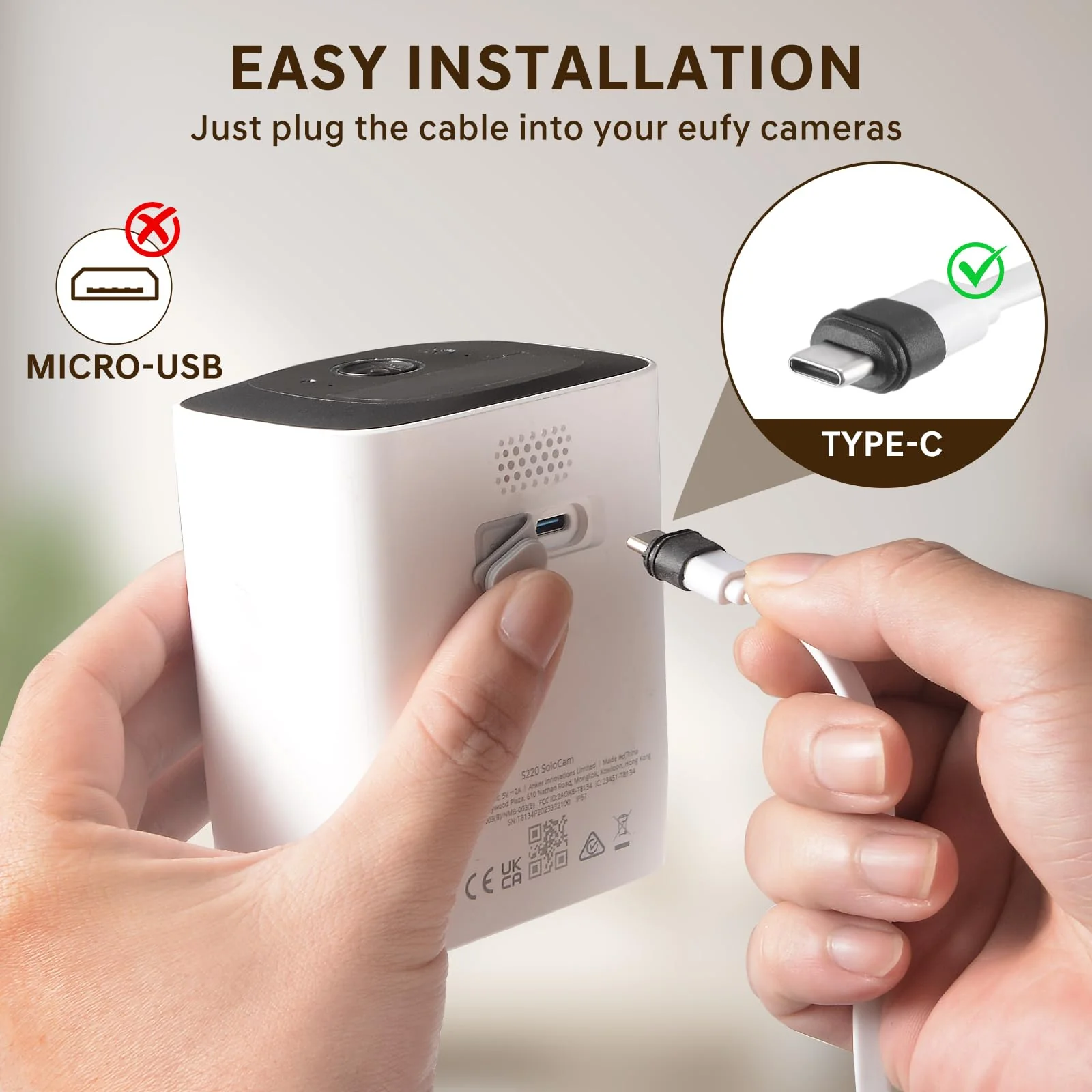 30FT Power Adapter Designed for eufy Security SoloCam S220/S340/C210, eufyCam 3/S330 and eufy Security Indoor Cam S350/C210/C220, Charger and Extension Cable Provide Continuous Charging - White - Image 7