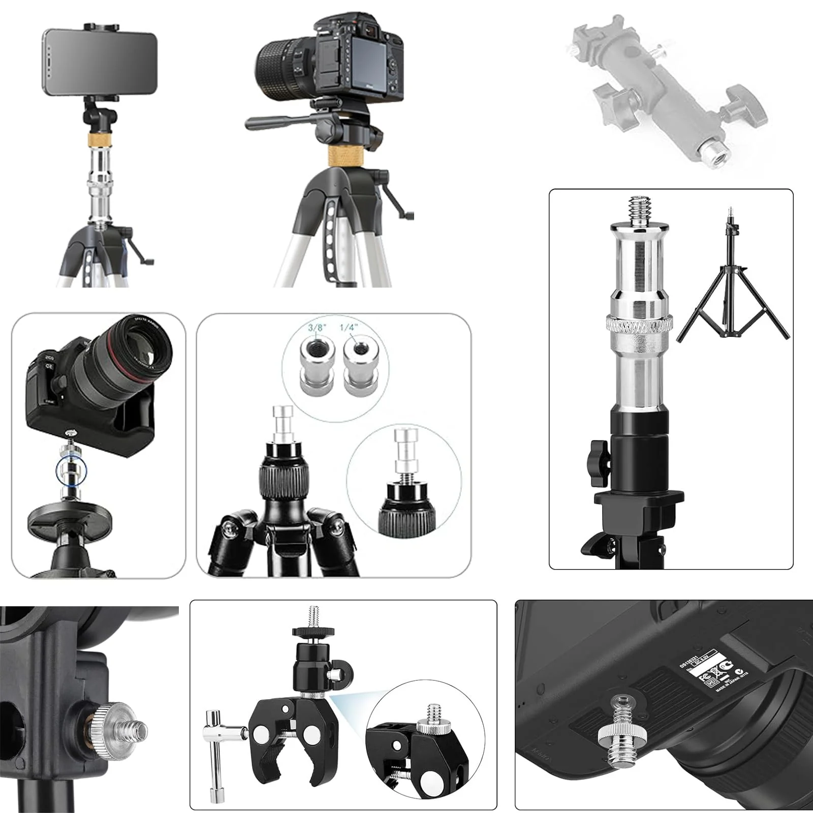 30Pack Camera Tripod Screw Mount Kit 1/4 to 3/8 Inch Adapter Threaded Converter 1/4" Swivel Ball Head and Hot Shoe E Clip for DSLR/Monopod/Flash Light/Quick Release Plate - Image 3