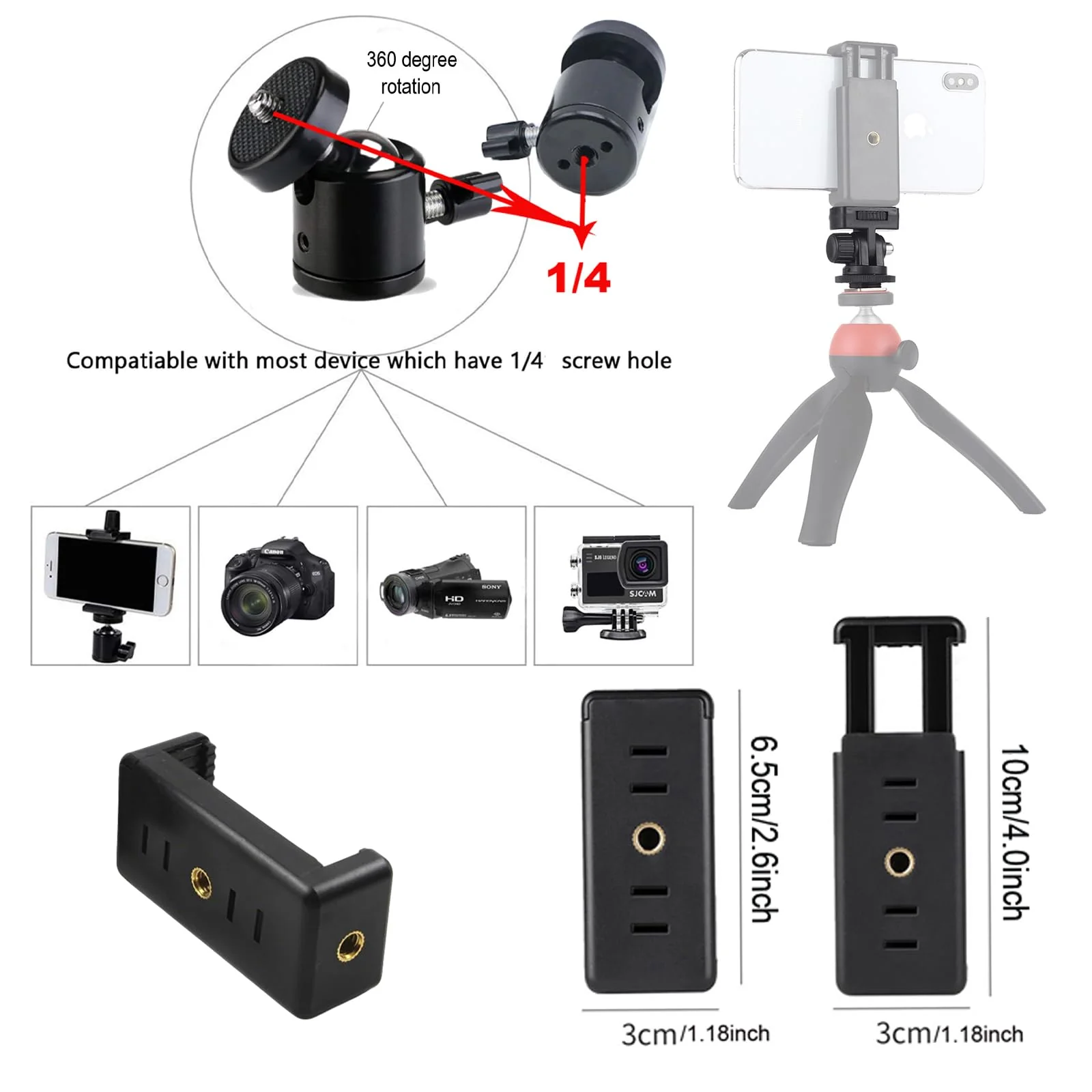 30Pack Camera Tripod Screw Mount Kit 1/4 to 3/8 Inch Adapter Threaded Converter 1/4" Swivel Ball Head and Hot Shoe E Clip for DSLR/Monopod/Flash Light/Quick Release Plate - Image 4