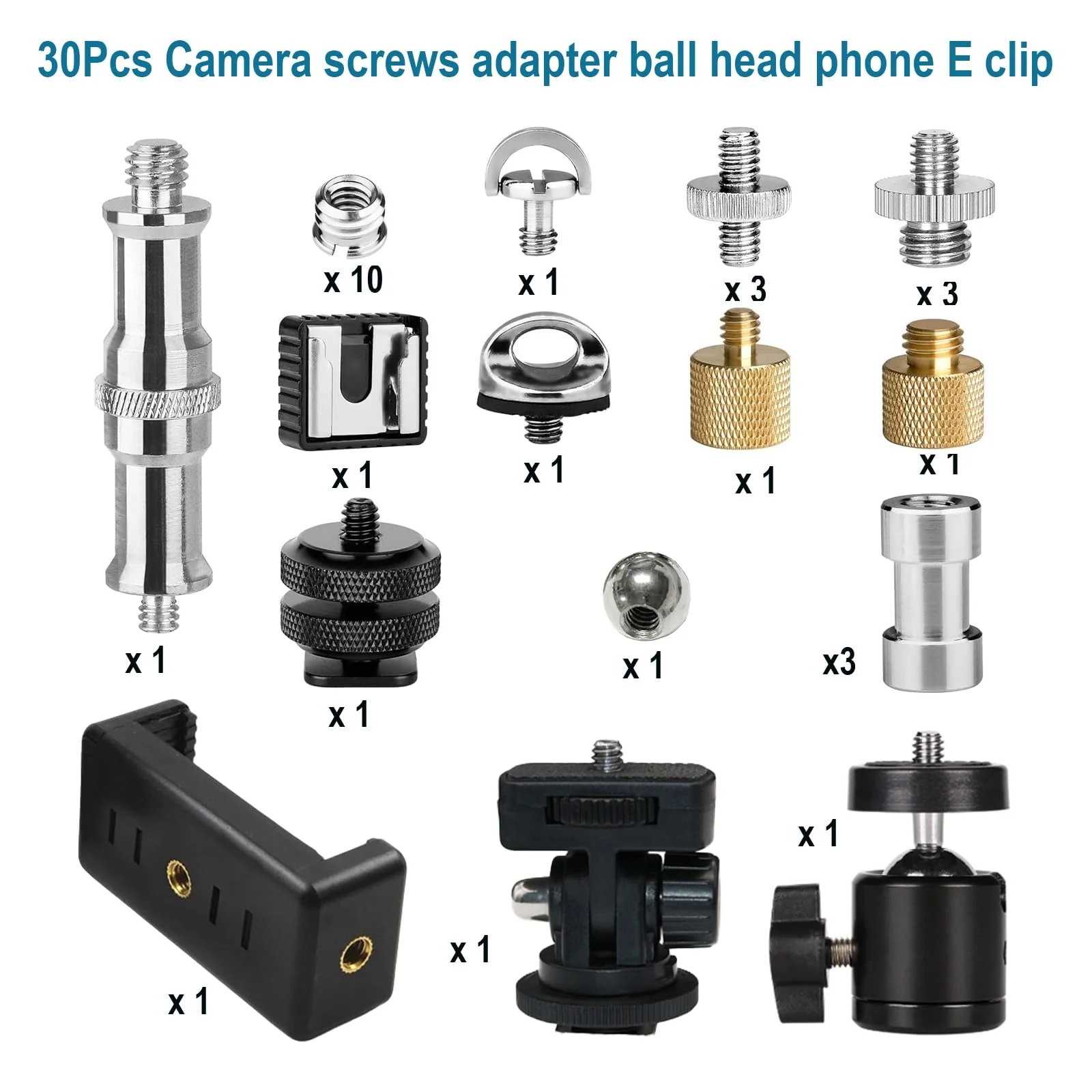 30Pack Camera Tripod Screw Mount Kit 1/4 to 3/8 Inch Adapter Threaded Converter 1/4" Swivel Ball Head and Hot Shoe E Clip for DSLR/Monopod/Flash Light/Quick Release Plate - Image 7