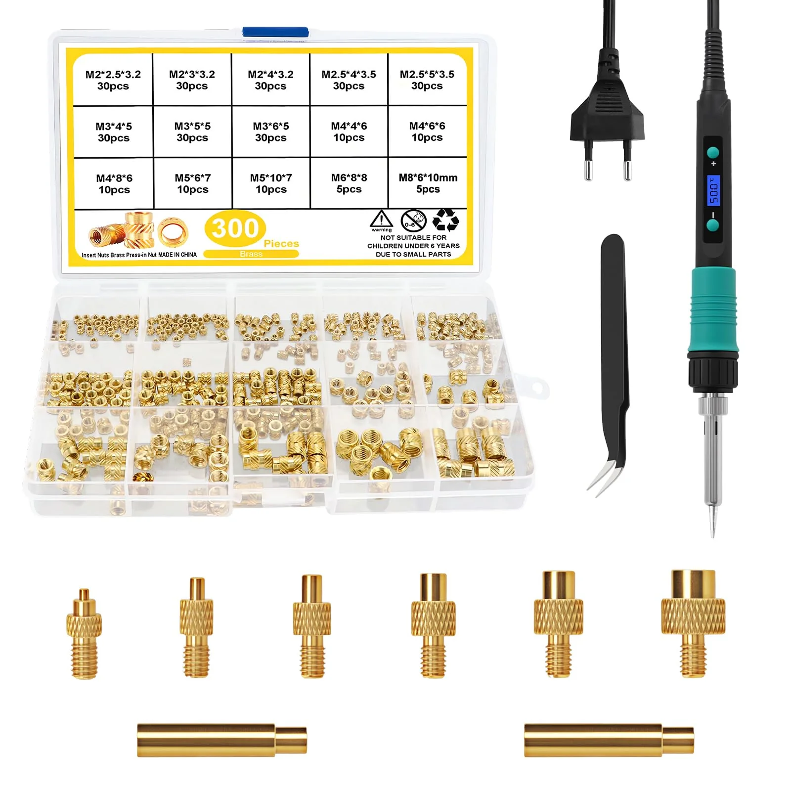 310-Piece Threaded Insert Soldering Tips Set, 100 W LCD Adjustable Temperature Soldering Iron with 6 Soldering Tips, 300 Thread Inserts M2 M2.5 M3 M4 M5 M6 M8 3D Print Melting Nuts etc - Image 8