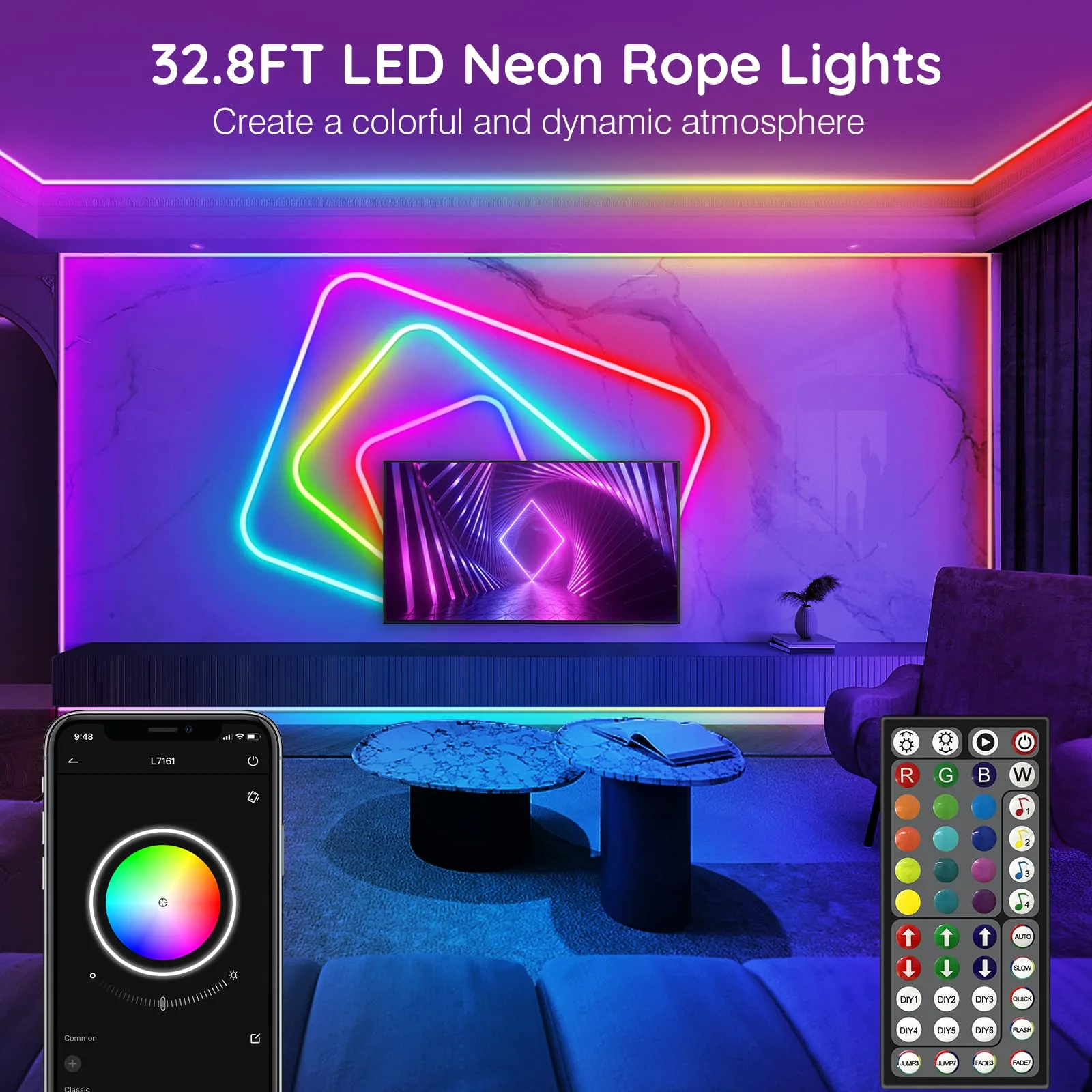 32.8Ft Neon Rope Lights,Flexible Led Rope Lights Control with App/Remote,Multiple Modes RopeLights,IP65 Outdoor RGB Led Neon Lights NonWater Resistant,Music Sync Gaming Led NeonLight Strip 32.8FT - Image 2
