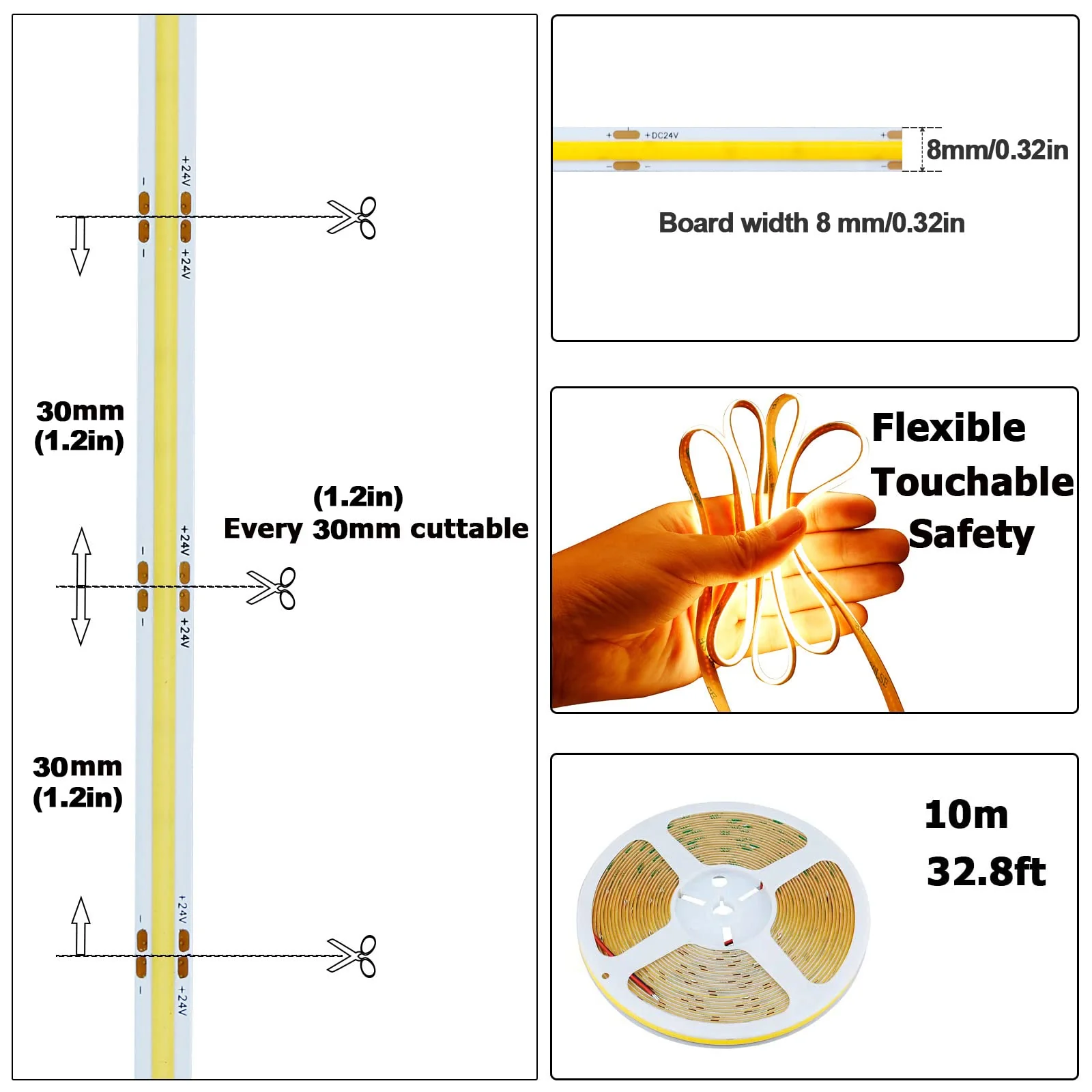 32.8ft(10M) 24V COB LED Strip Light Warm White 3000K 3840LEDs CRI 93+ 6800lm Uniform Glow Dotless IP20 Not Waterproof Flexible LED Tape Lights for DIY Cabinet Bedroom Home Decor(No Power Supply) 10 meters - Image 3